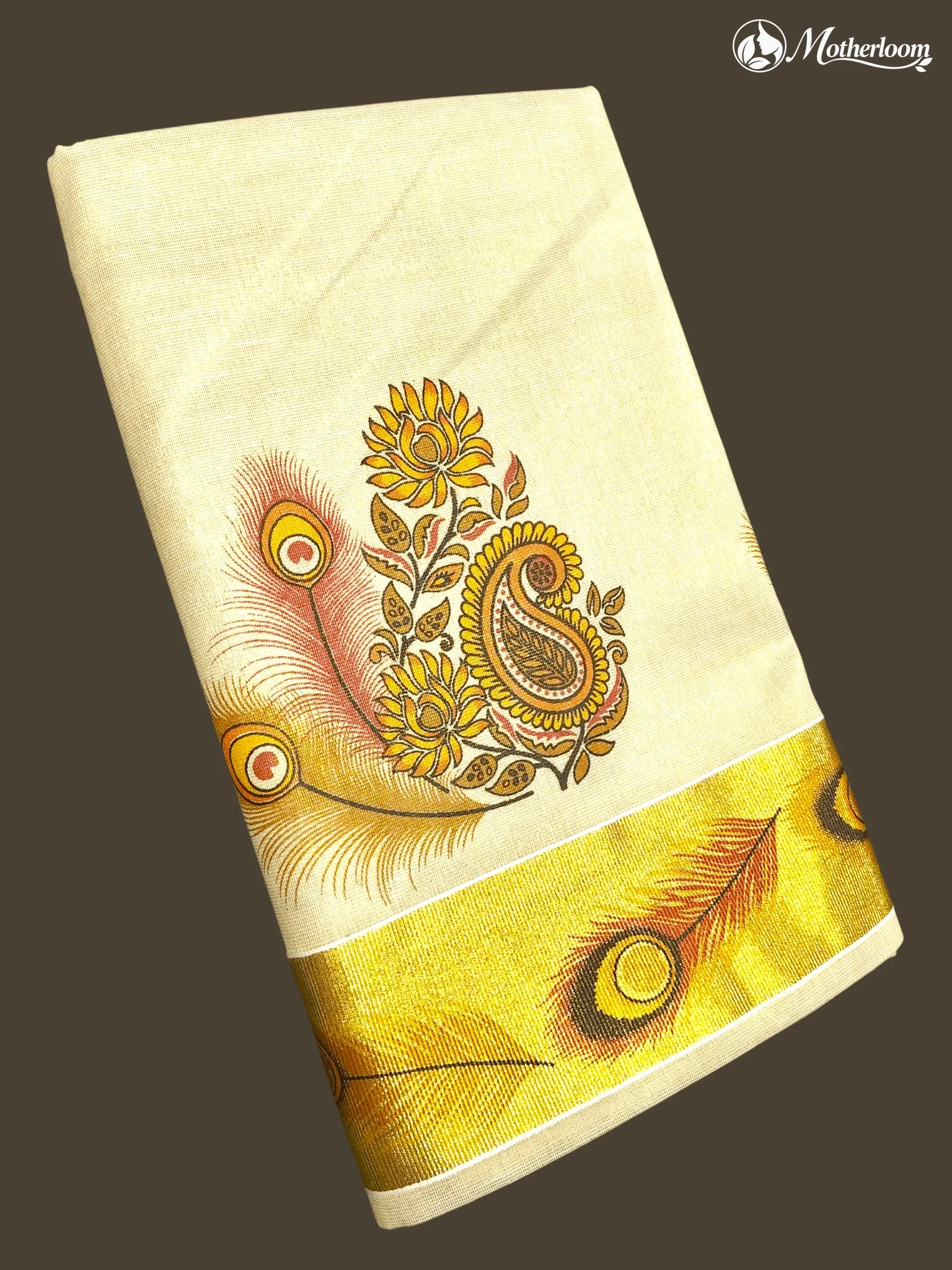 Motherloom Kerala Tissue Mango & Peacock Feather Mural Print Saree