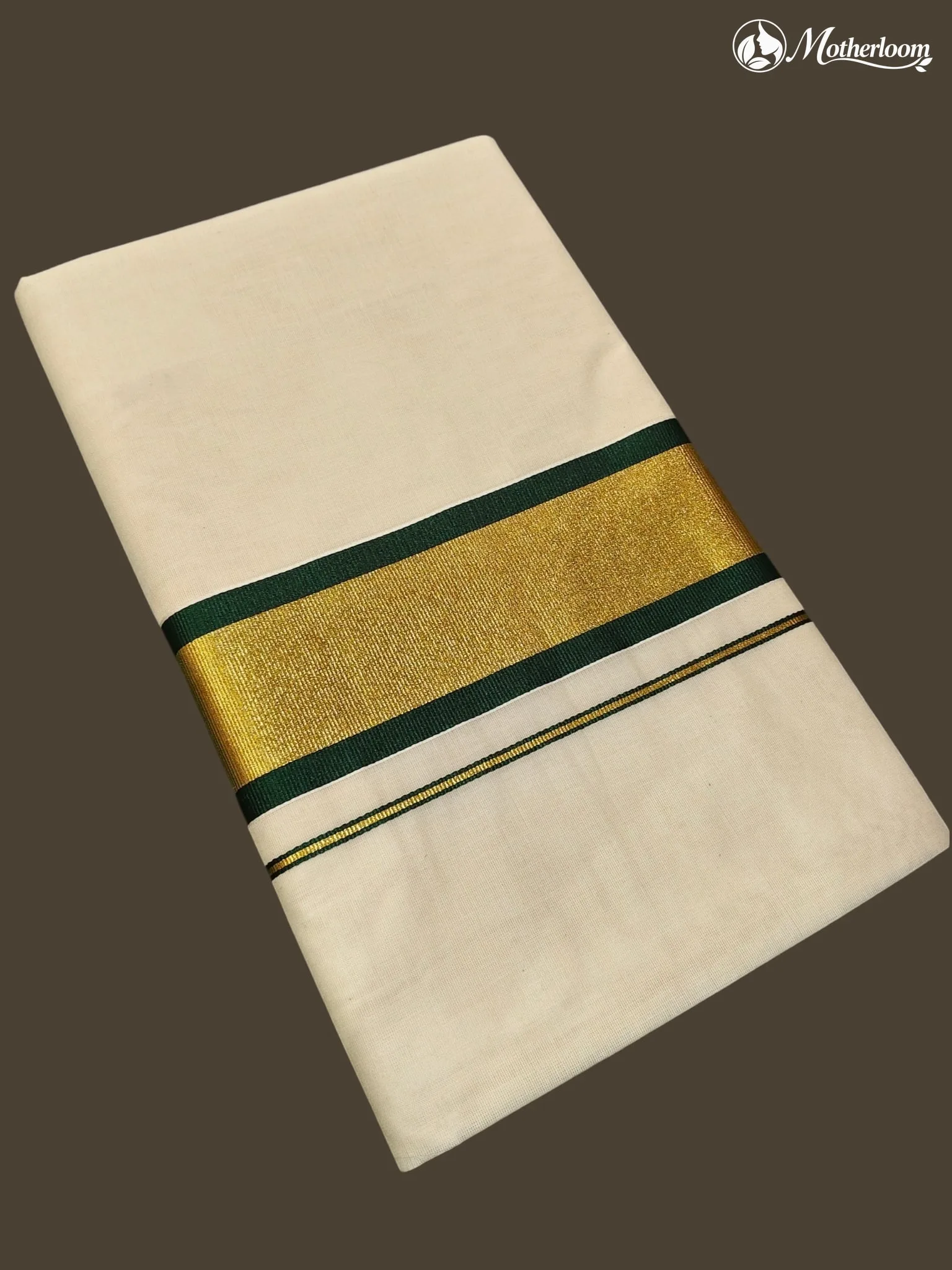 Motherloom Kerala Cotton Dark Green Train Line Saree With Running Blouse