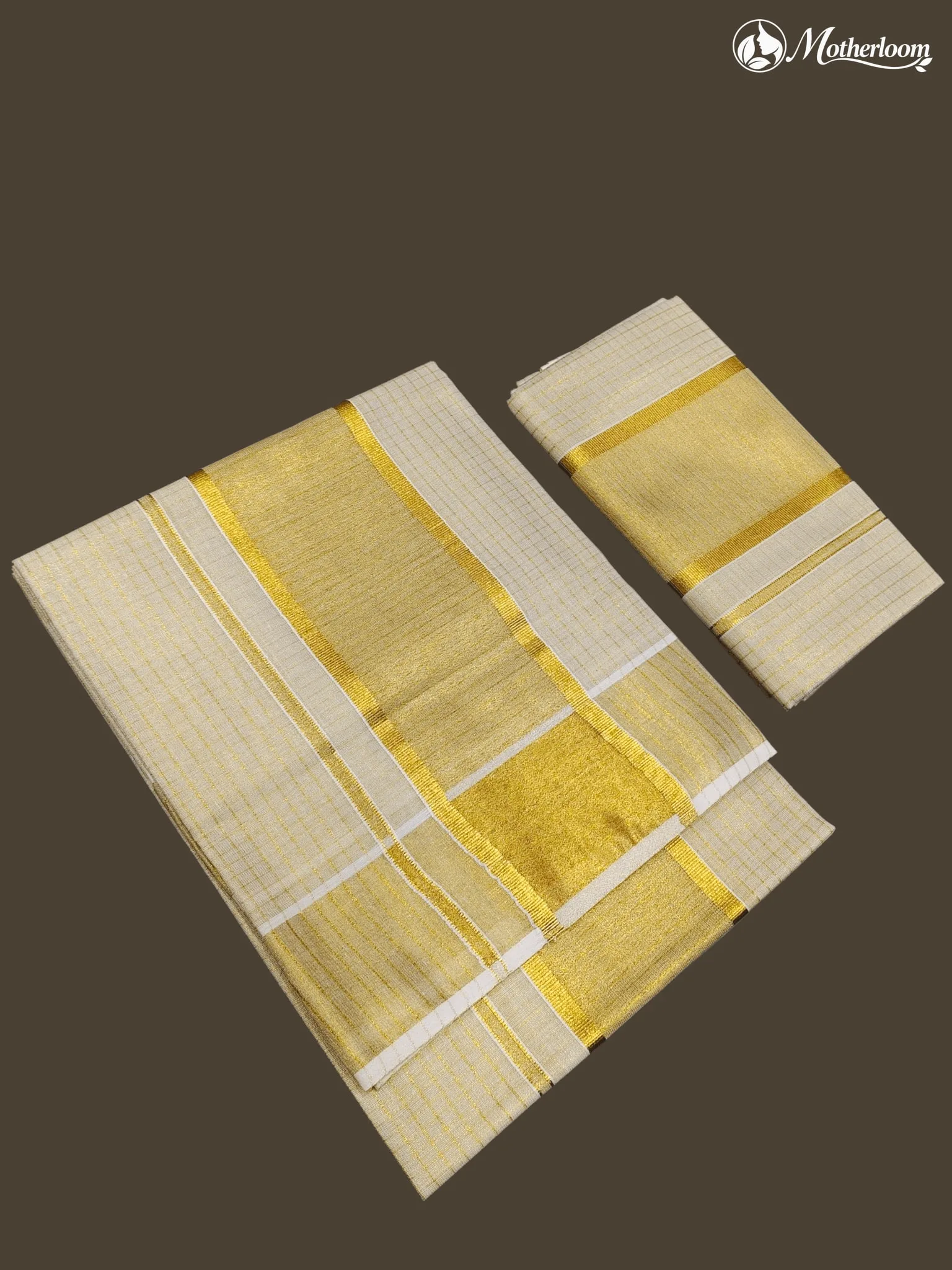Motherloom Kerala Tisuue Gold Micro Checked Set Mundu