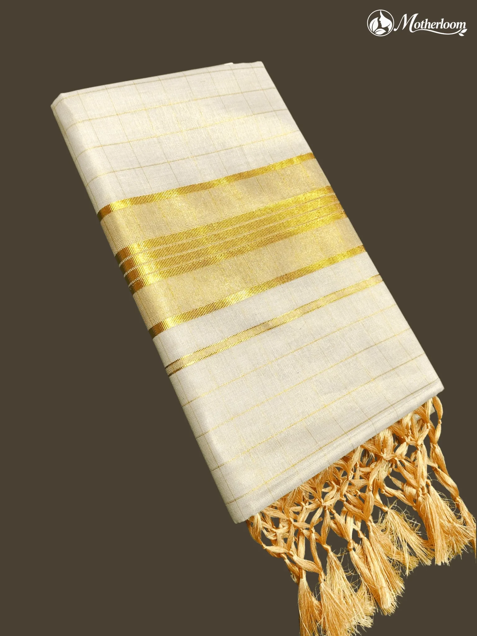 Motherloom Kerala Tissue Fancy Gold 1-inch Checked Saree With Tassels & Running Blouse
