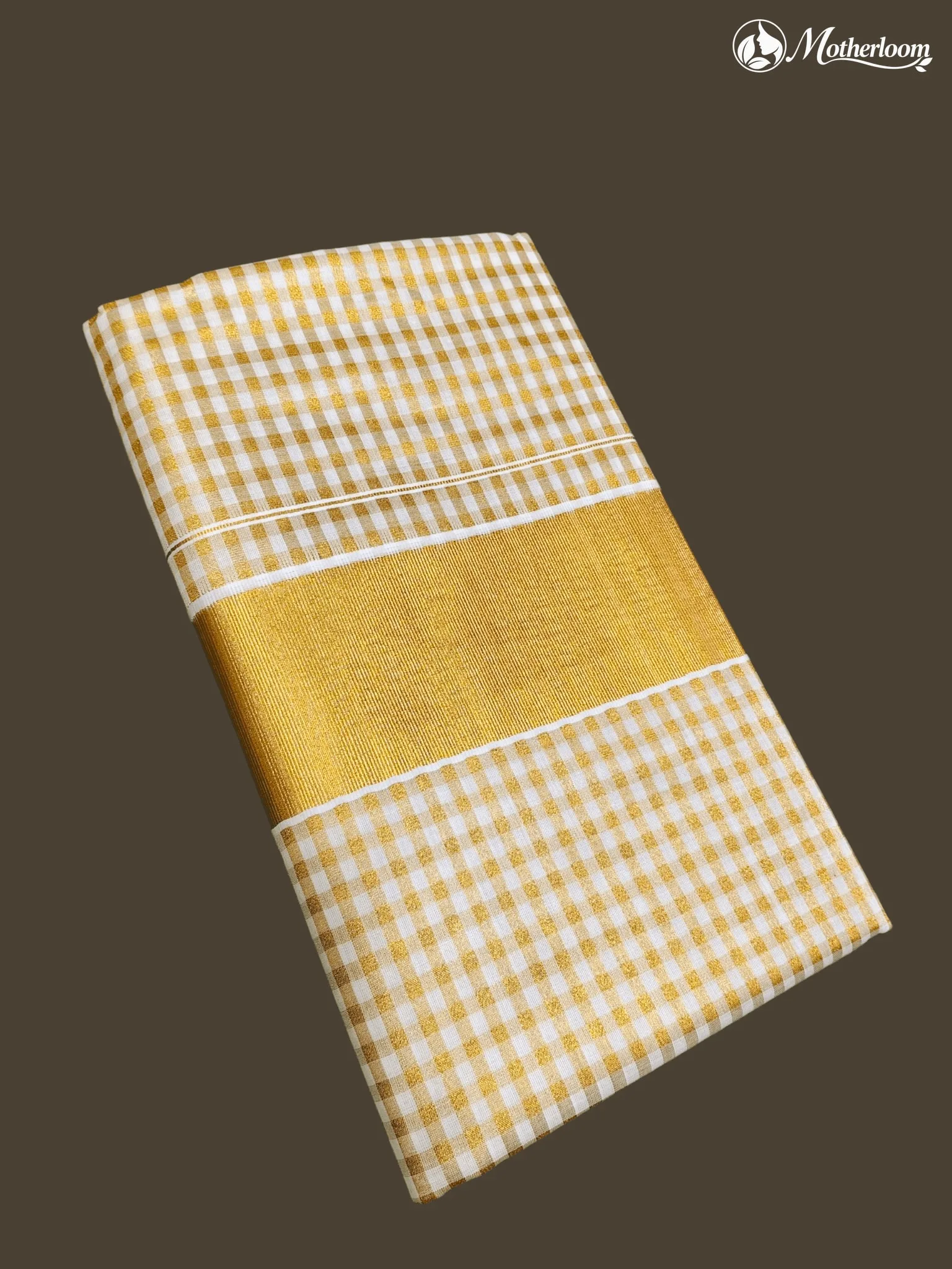 Motherloom Kerala Tissue Gold 1/4-inch Checked Saree With Running Blouse