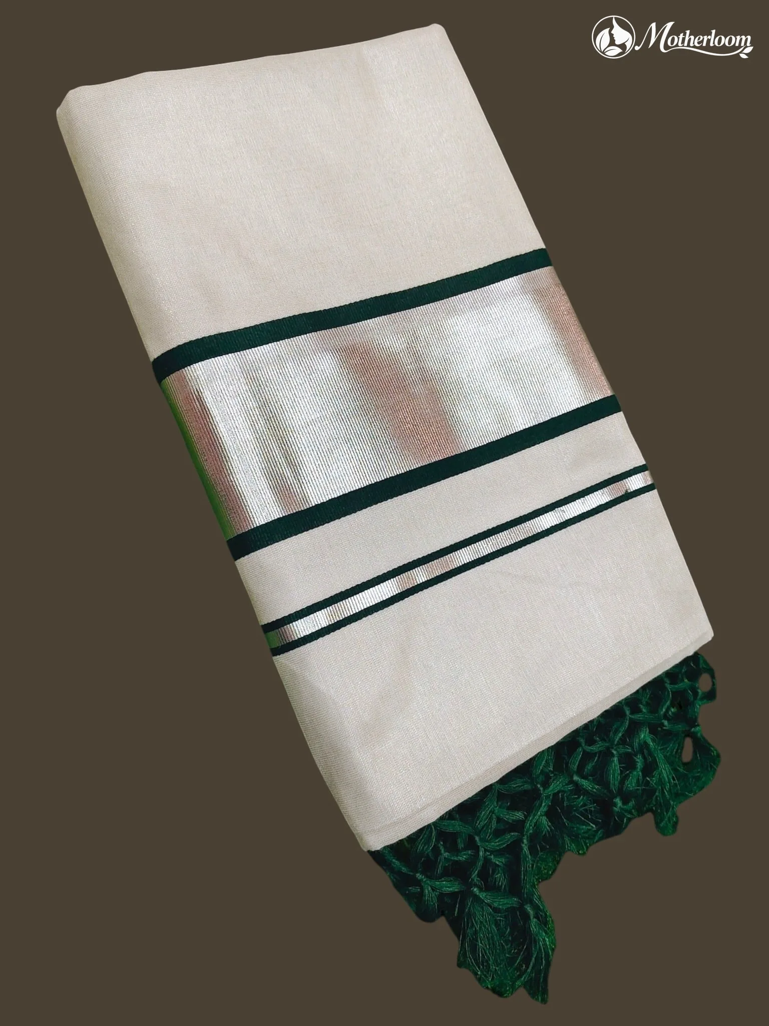 Motherloom Kerala Tissue Parrot Green Plain Saree with Tassels and Running Blouse