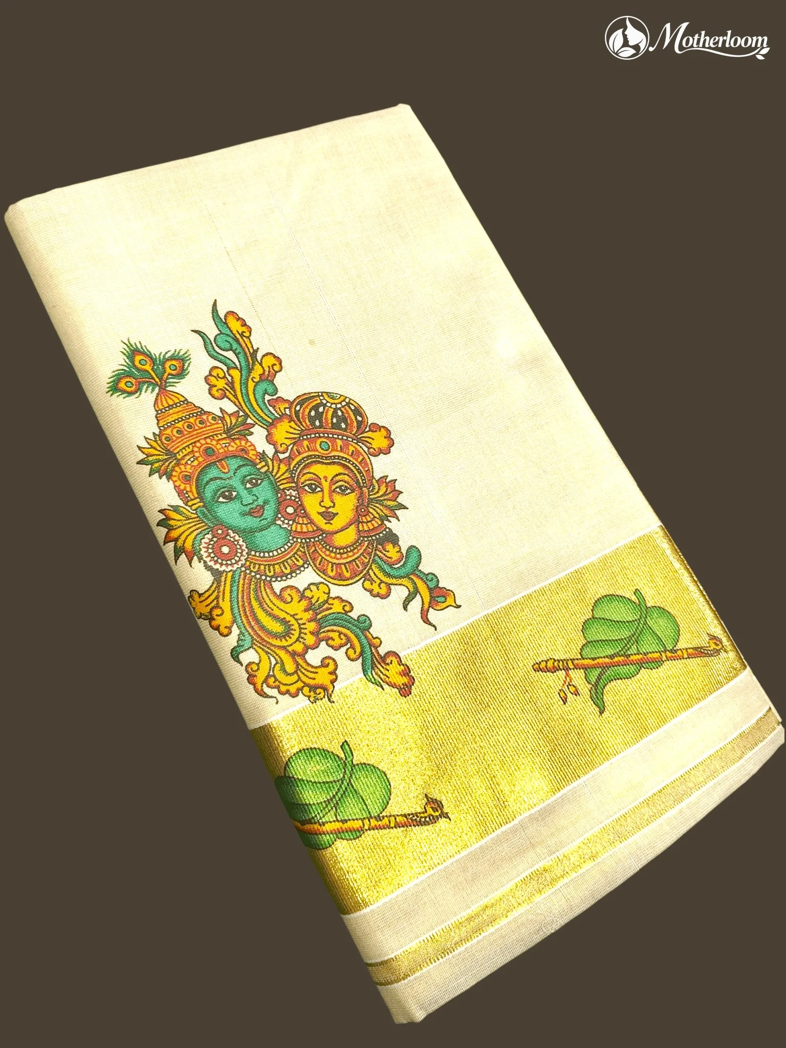 Motherloom Kerala Tissue Small Radha Krishna Mural Print Saree with Running Blouse