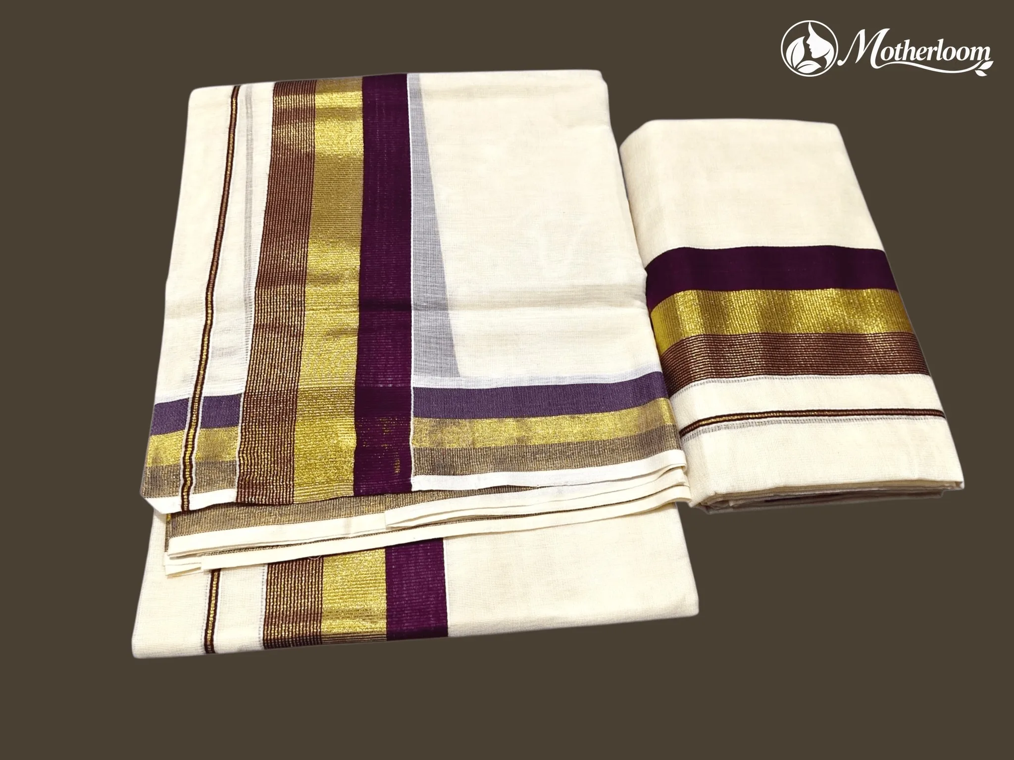 Motherloom Kerala Cotton Fancy Purple & Gold Set Mundu