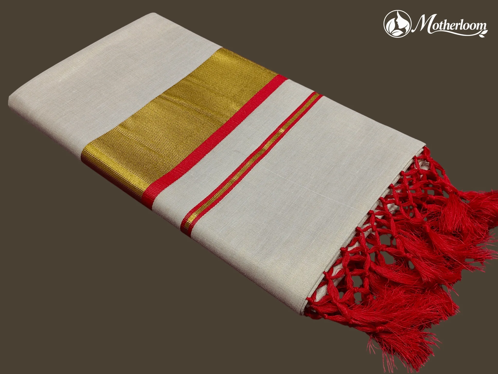Motherloom  Kerala Tissue Red Fancy Saree With Colour Border