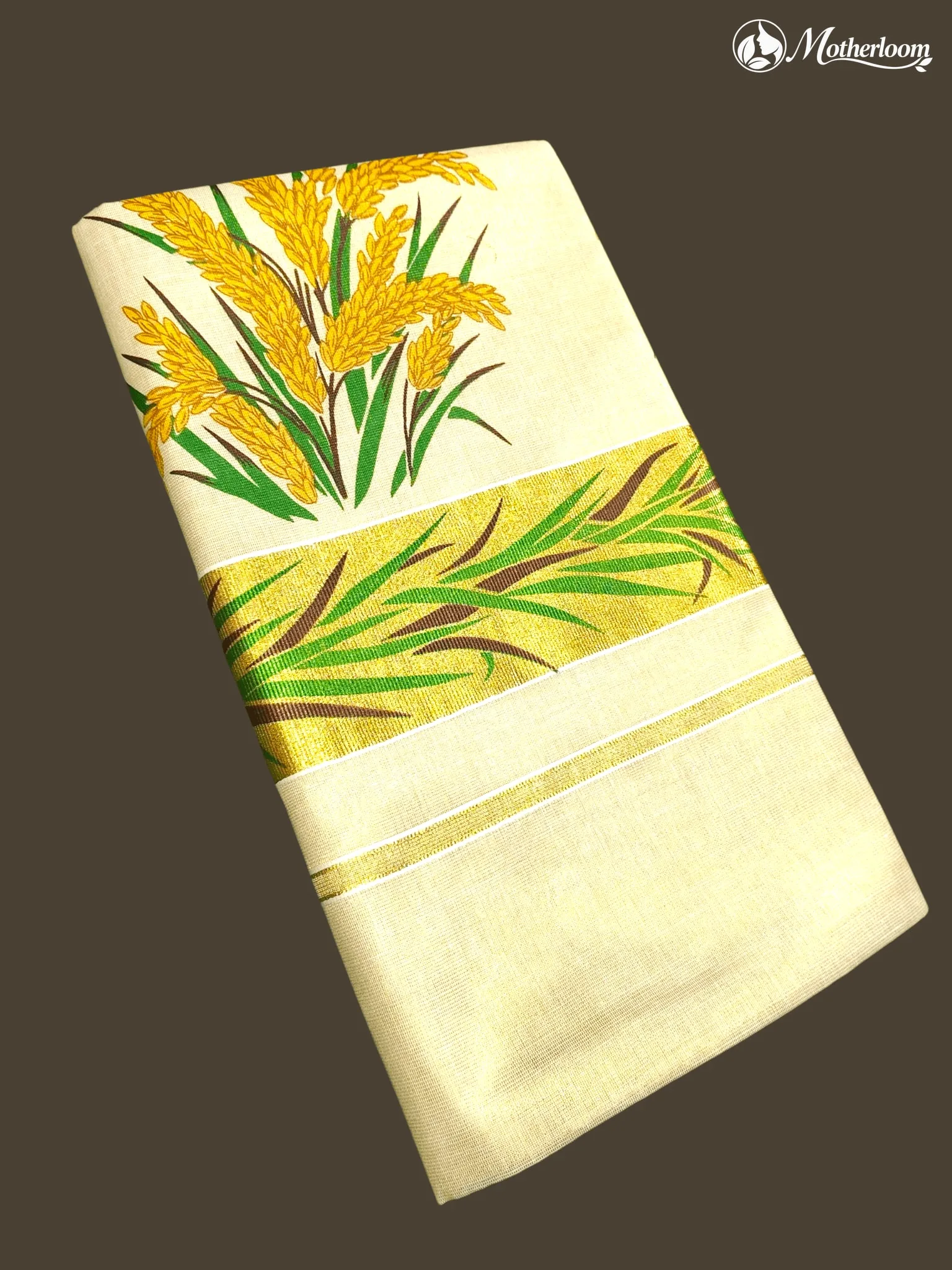 Motherloom Kerala Tissue Paddy Harvest Mural Print Saree with Running Blouse