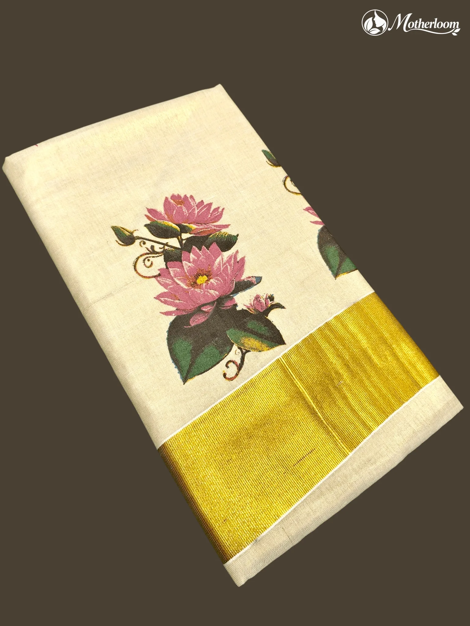 Motherloom Kerala Tissue Lotus Flower Mural Print Saree with Running Blouse