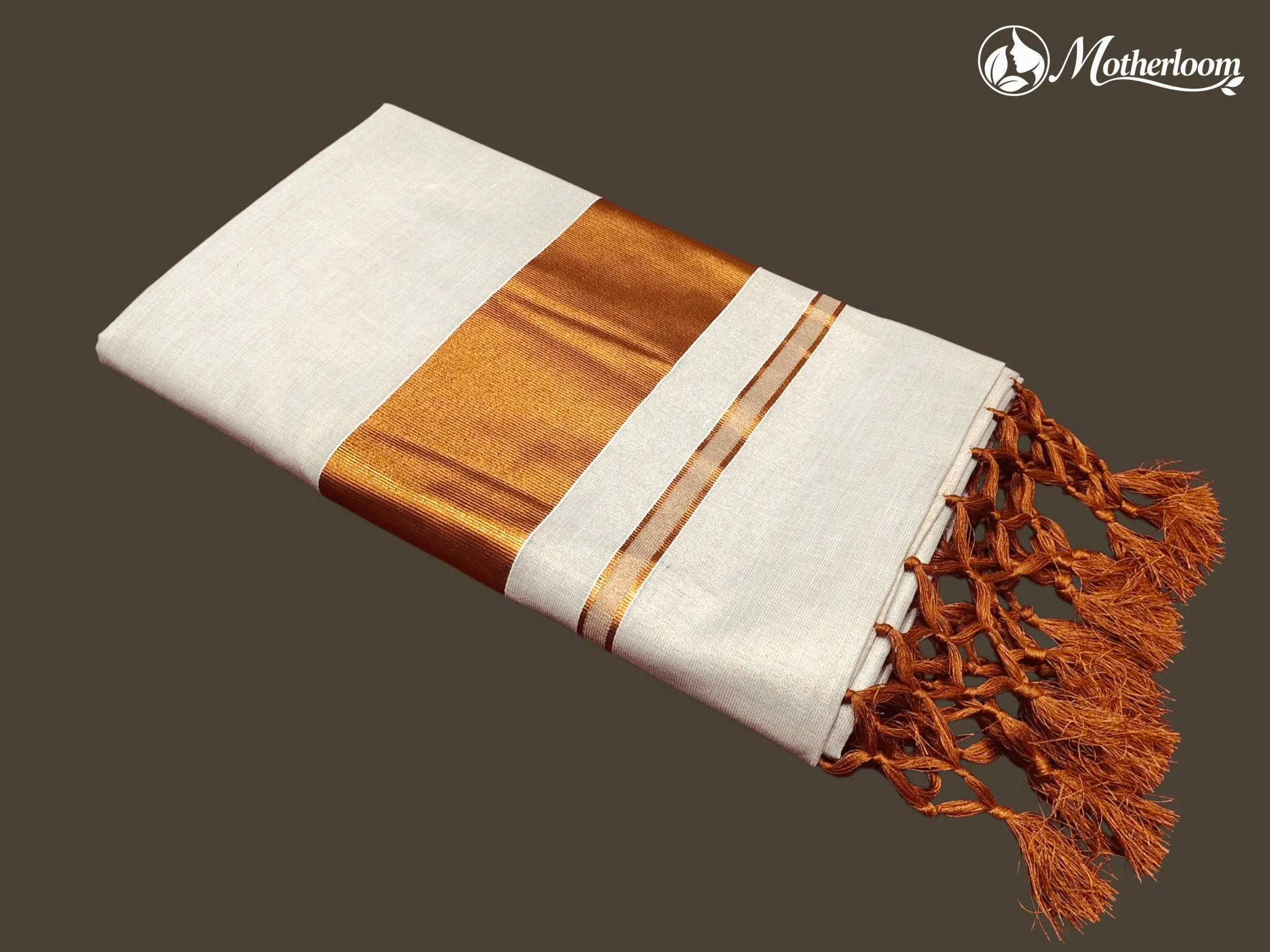 Motherloom Kerala Tissue Plain Copper Saree With Tassels & Running Blouse