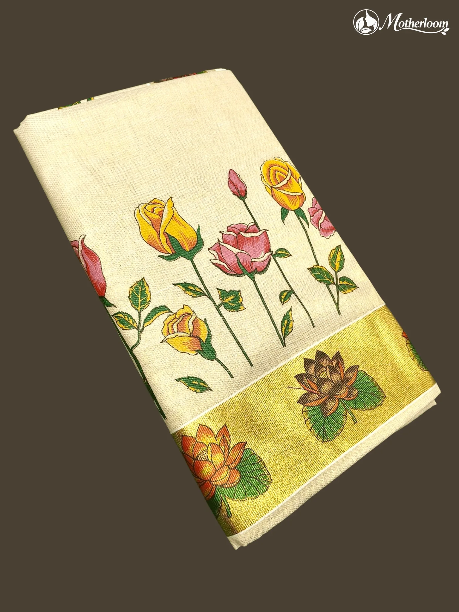 Motherloom Kerala Tissue Rose Flower Mural Print Saree with Running Blouse