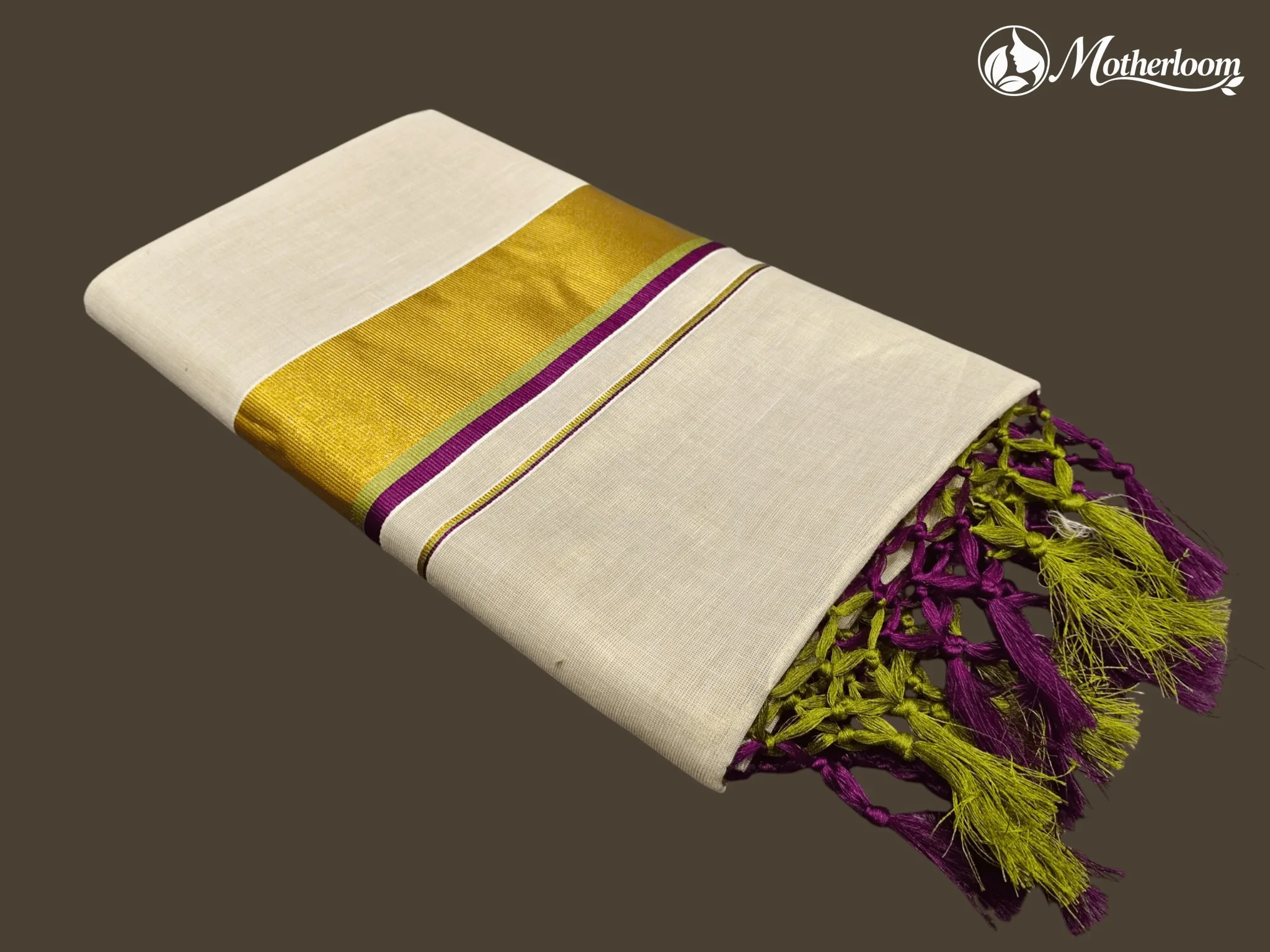 Motherloom  Kerala Tissue Pista Green & Purple Fancy Saree With Colour Border