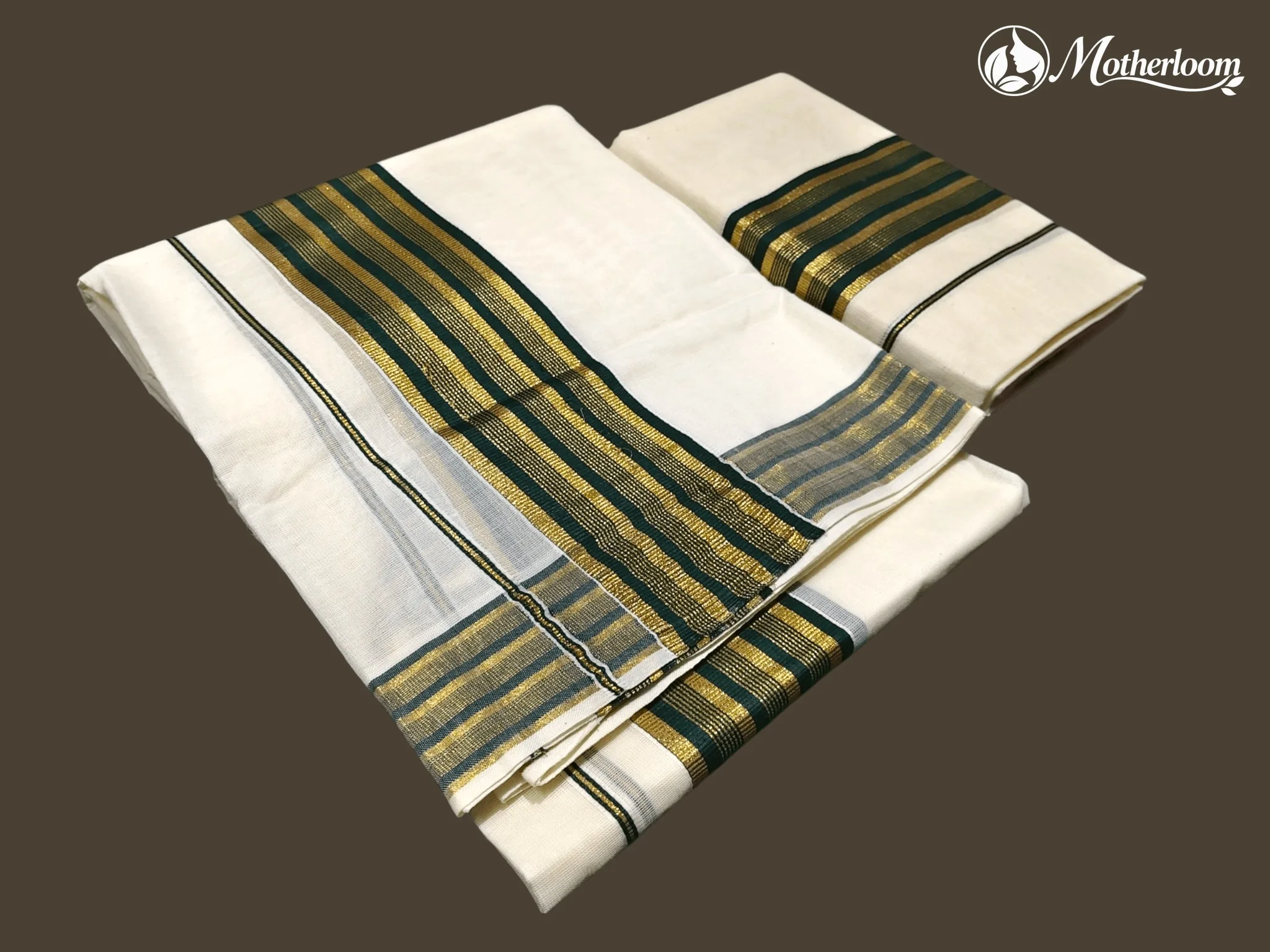 Motherloom Kerala Cotton Fancy Bottle Green & Gold Set Mundu