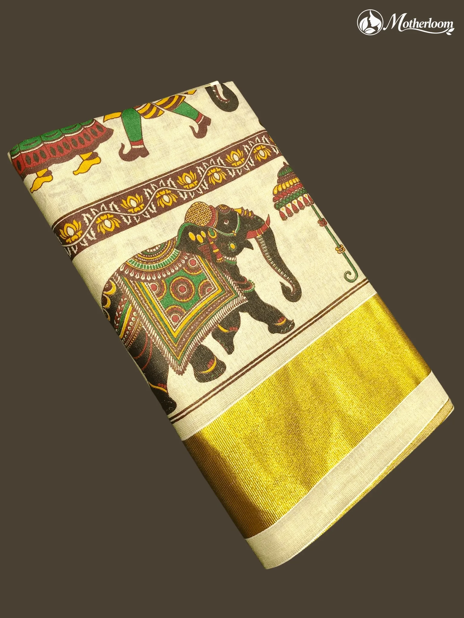 Motherloom Kerala Tissue Royal Procession Mural Print Saree with Running Blouse