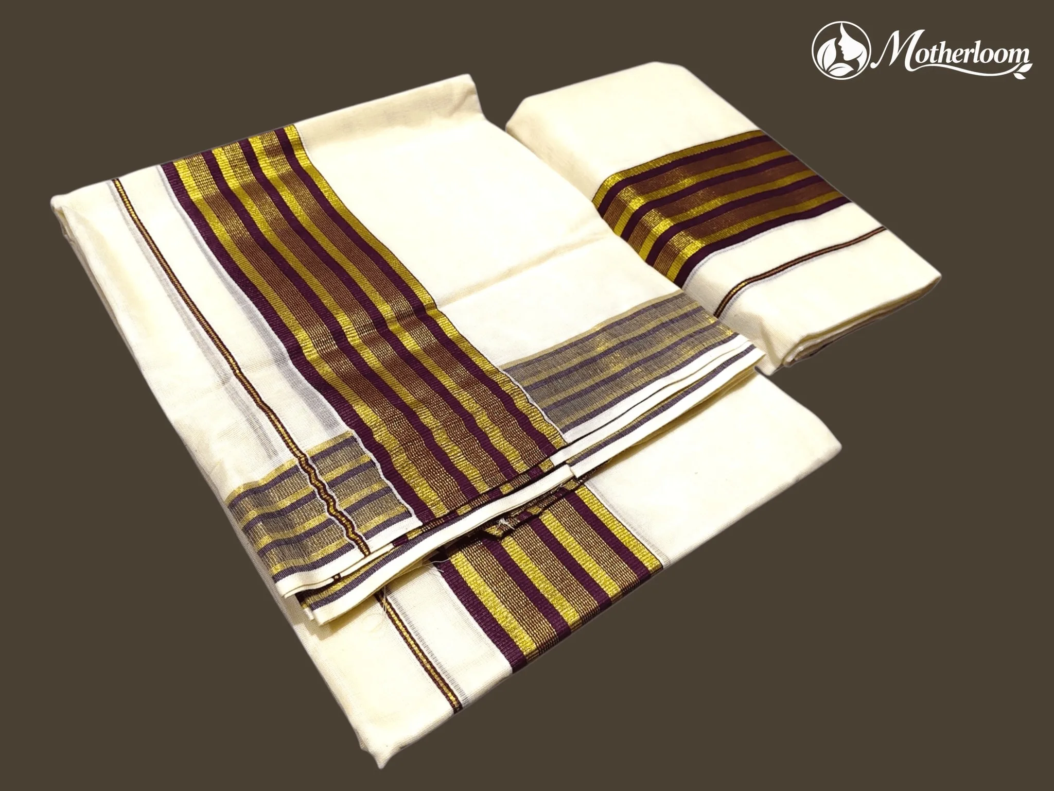 Motherloom Kerala Cotton Fancy Purple & Gold Stripe Set Mundu