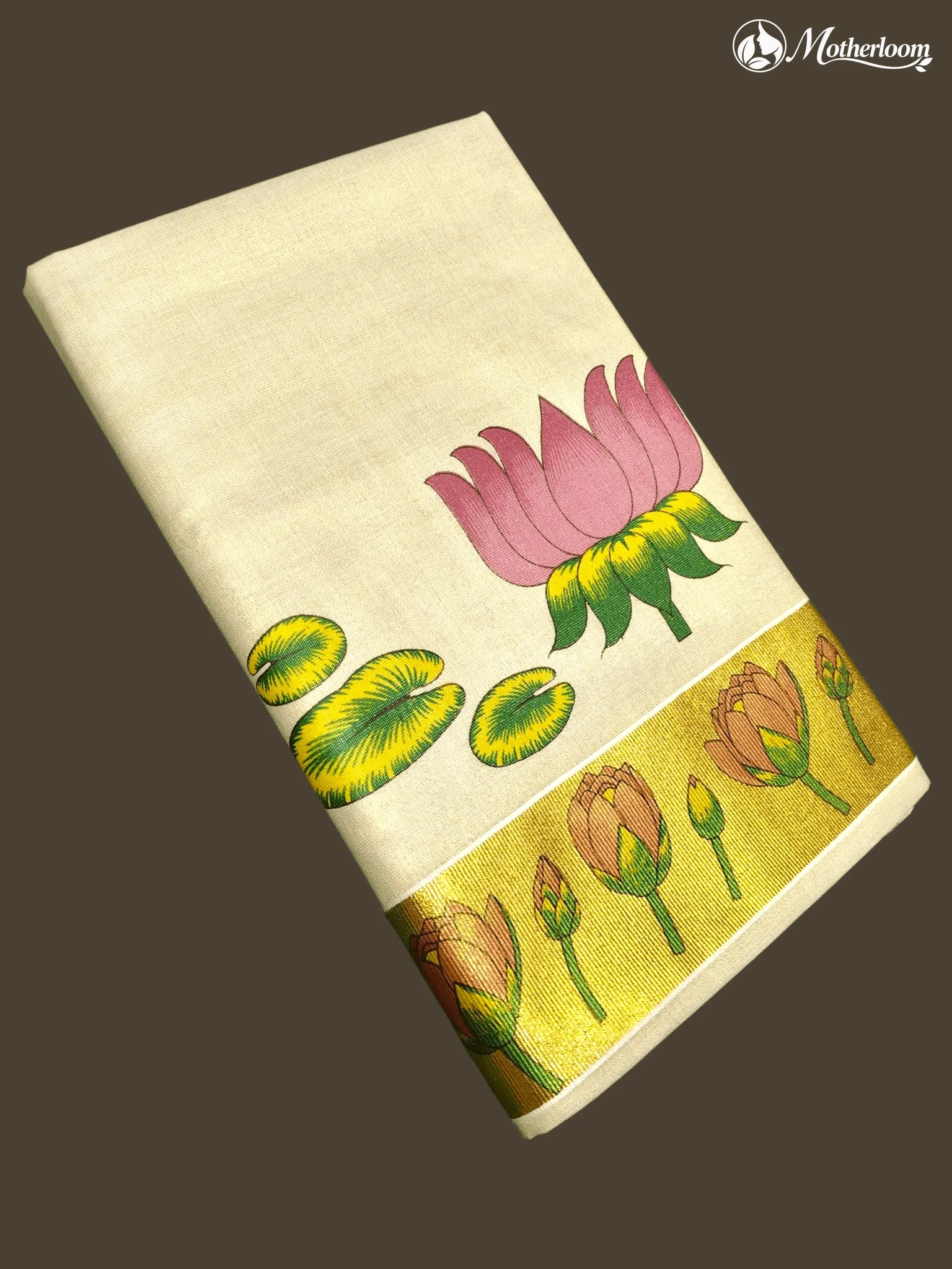 Motherloom Kerala Tissue Pink Lotus Pond Mural Print Saree with Running Blouse