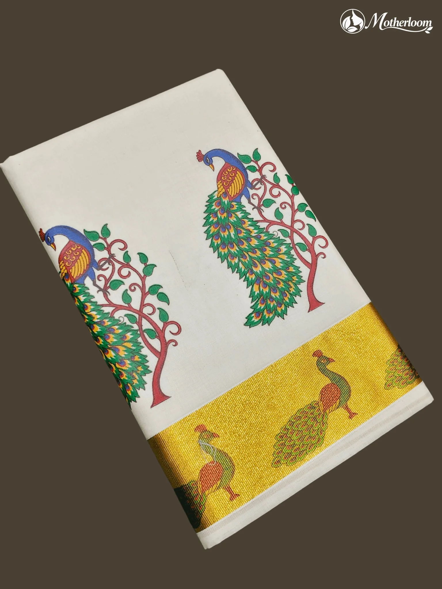 Motherloom Kerala Cotton Peacock & Tree Mural Print Saree, Running Blouse.