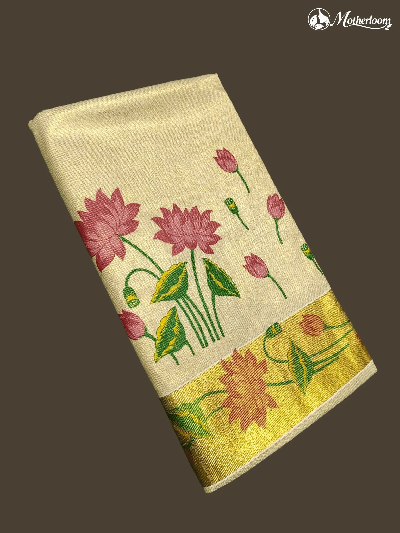 Motherloom Kerala Tissue Lotus Floral Print Saree with Running Blouse