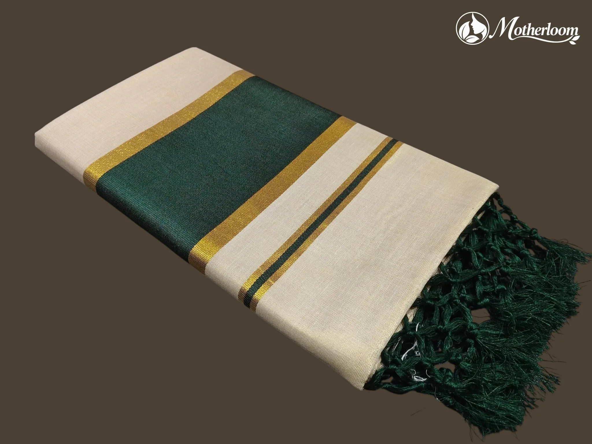 Motherloom Kerala Tissue Fancy Dark Green Saree,Running Blouse with Tassels