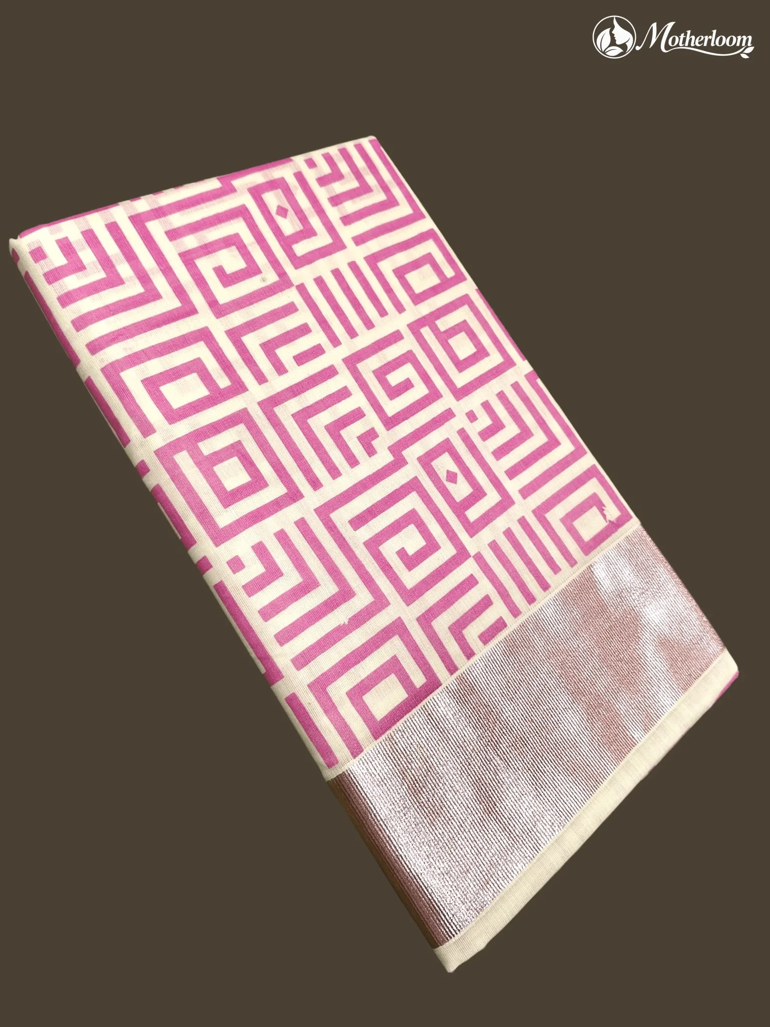 Motherloom Kerala Cotton Fancy Pink Geometric Block Print Saree with Running Blouse