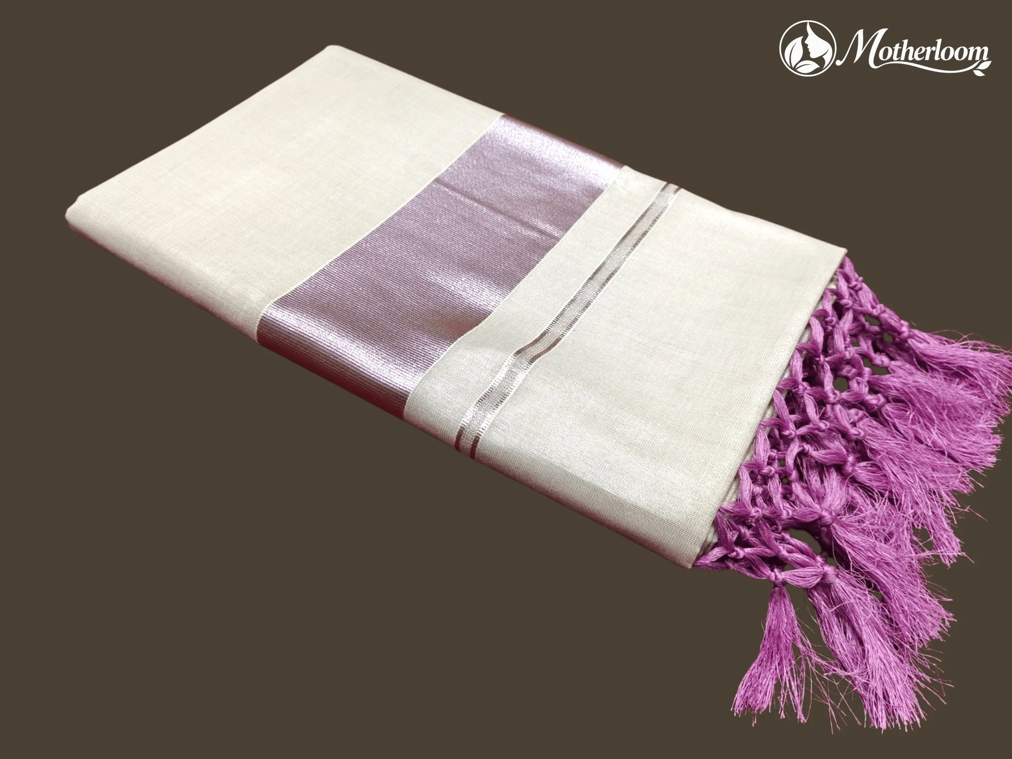 Motherloom Kerala Tissue Plain Rose Gold Saree With Tassels & Running Blouse