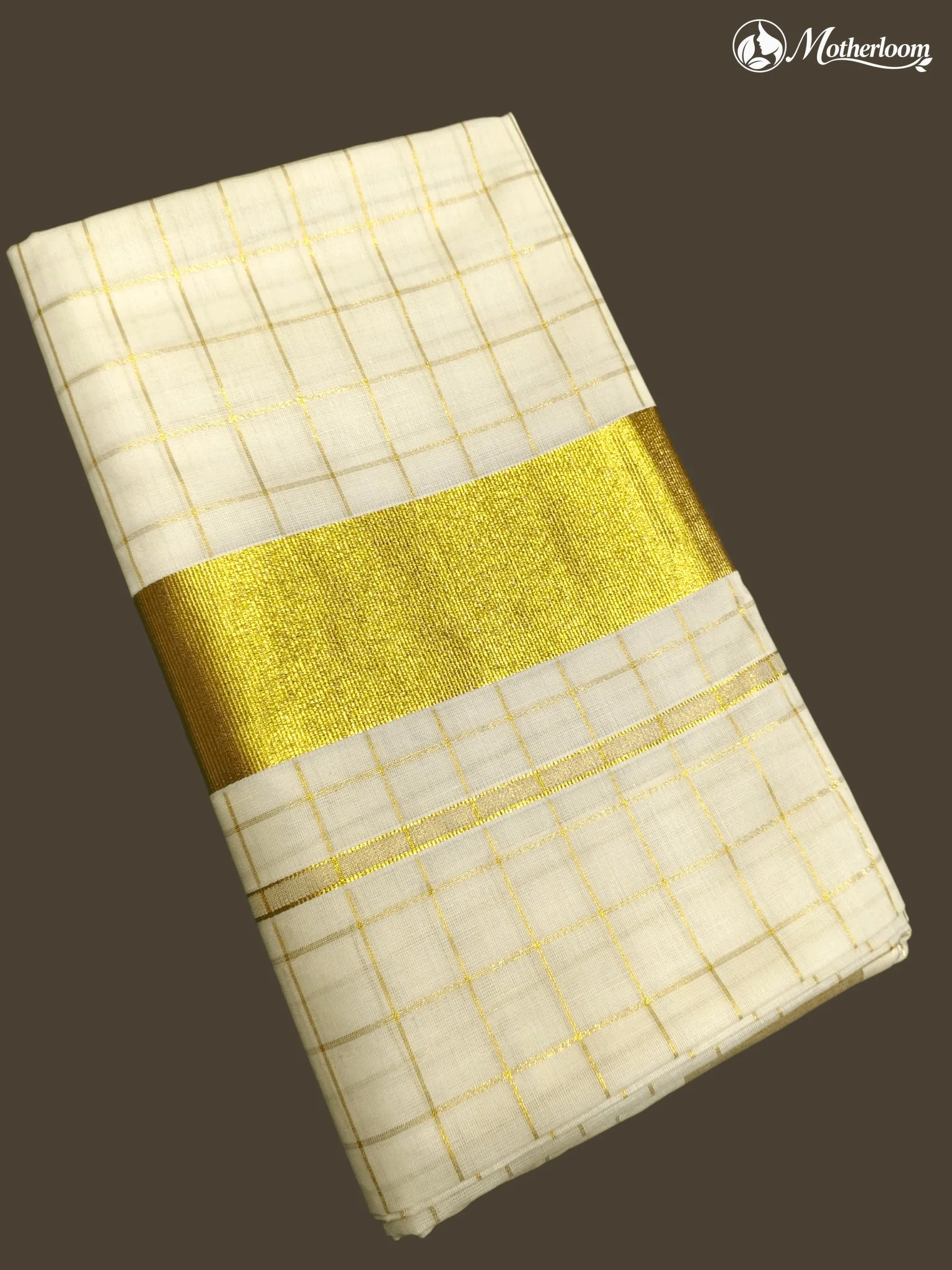 Motherloom Kerala Cotton 1-inch Checked Saree With Running Blouse