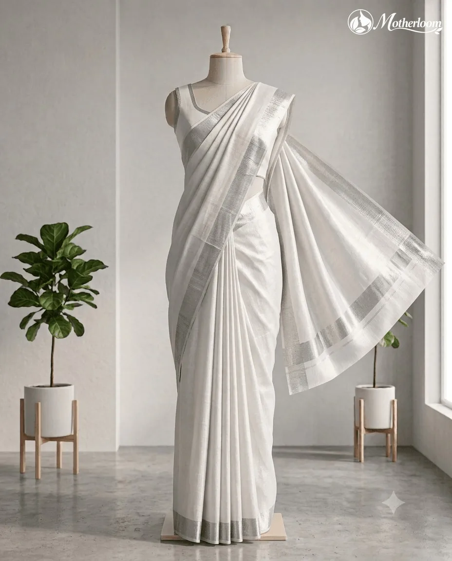 Motherloom Kerala Silver Tissue Plain Saree With Running Blouse