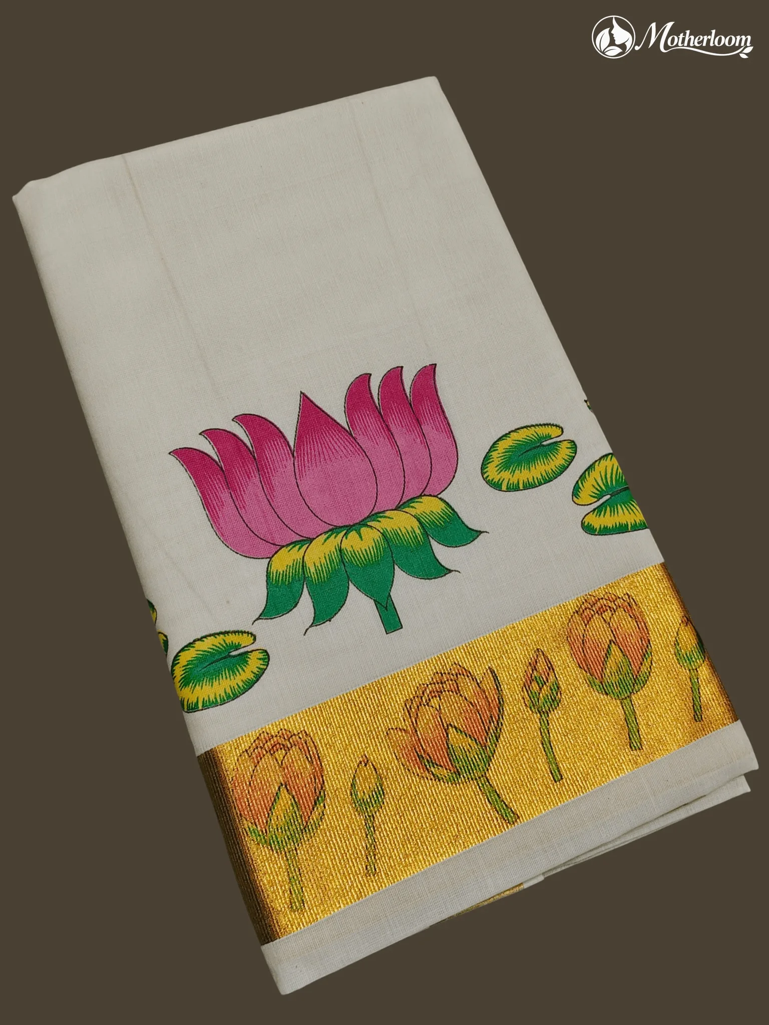 Motherloom Kerala Cotton Big Lotus with Green Leaf Mural Print Saree, Running Blouse