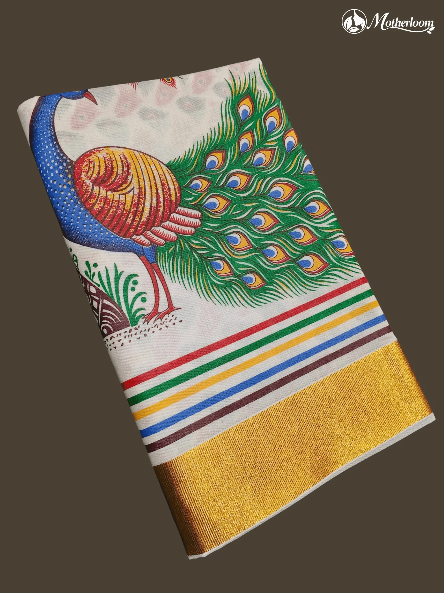Motherloom Kerala Cotton Twin Peacock Mural Print Saree, With Running Blouse