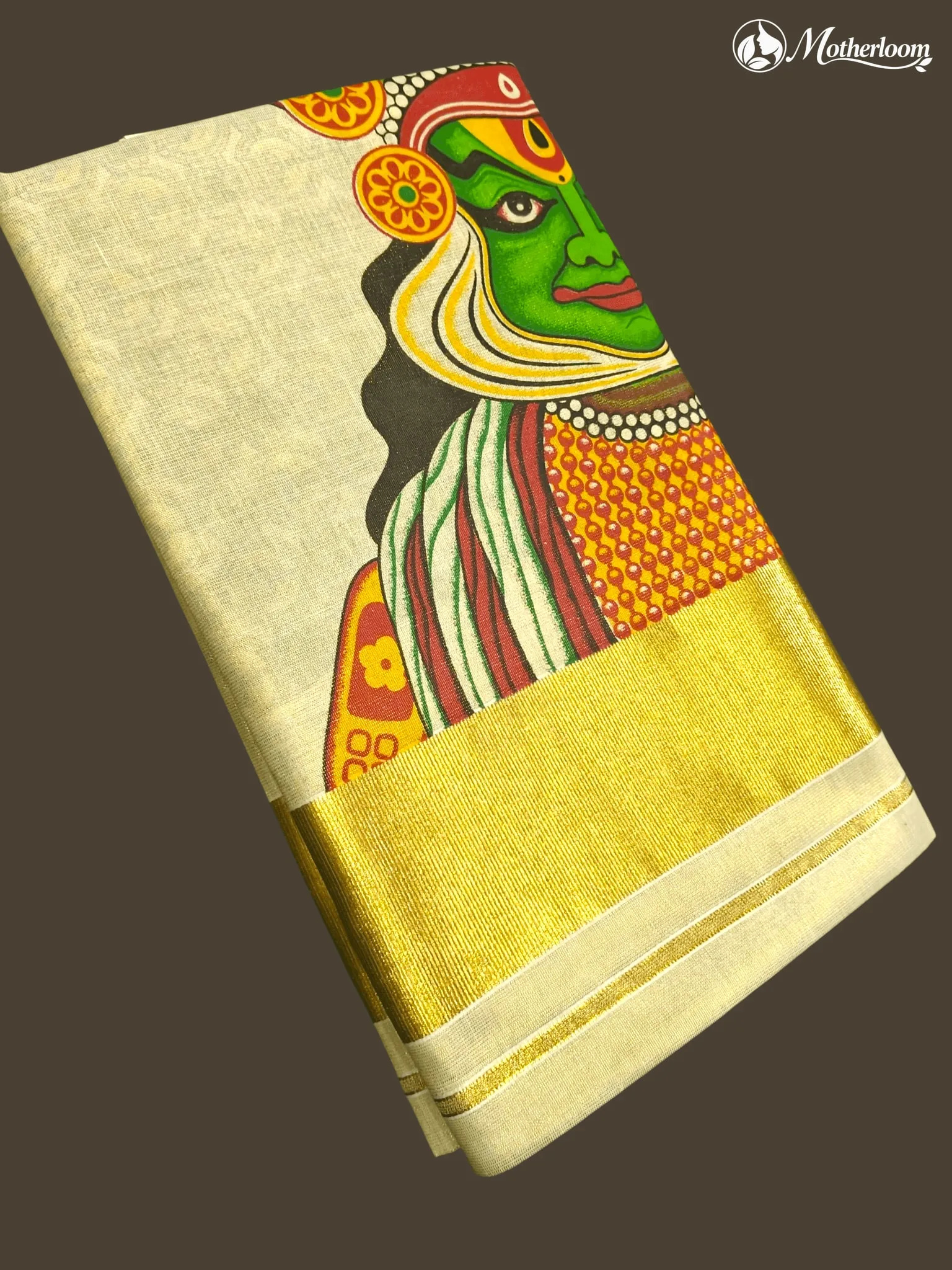 Motherloom Kerala Tissue Large Kathakali Face Mural Print Saree with Running Blouse