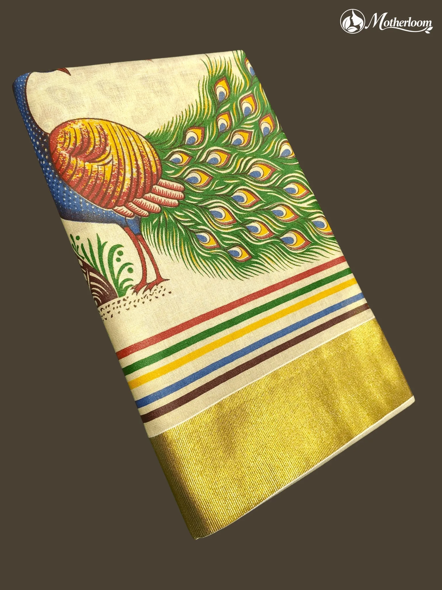 Motherloom Kerala Tissue Twin Peacock Mural Print Saree with Running Blouse