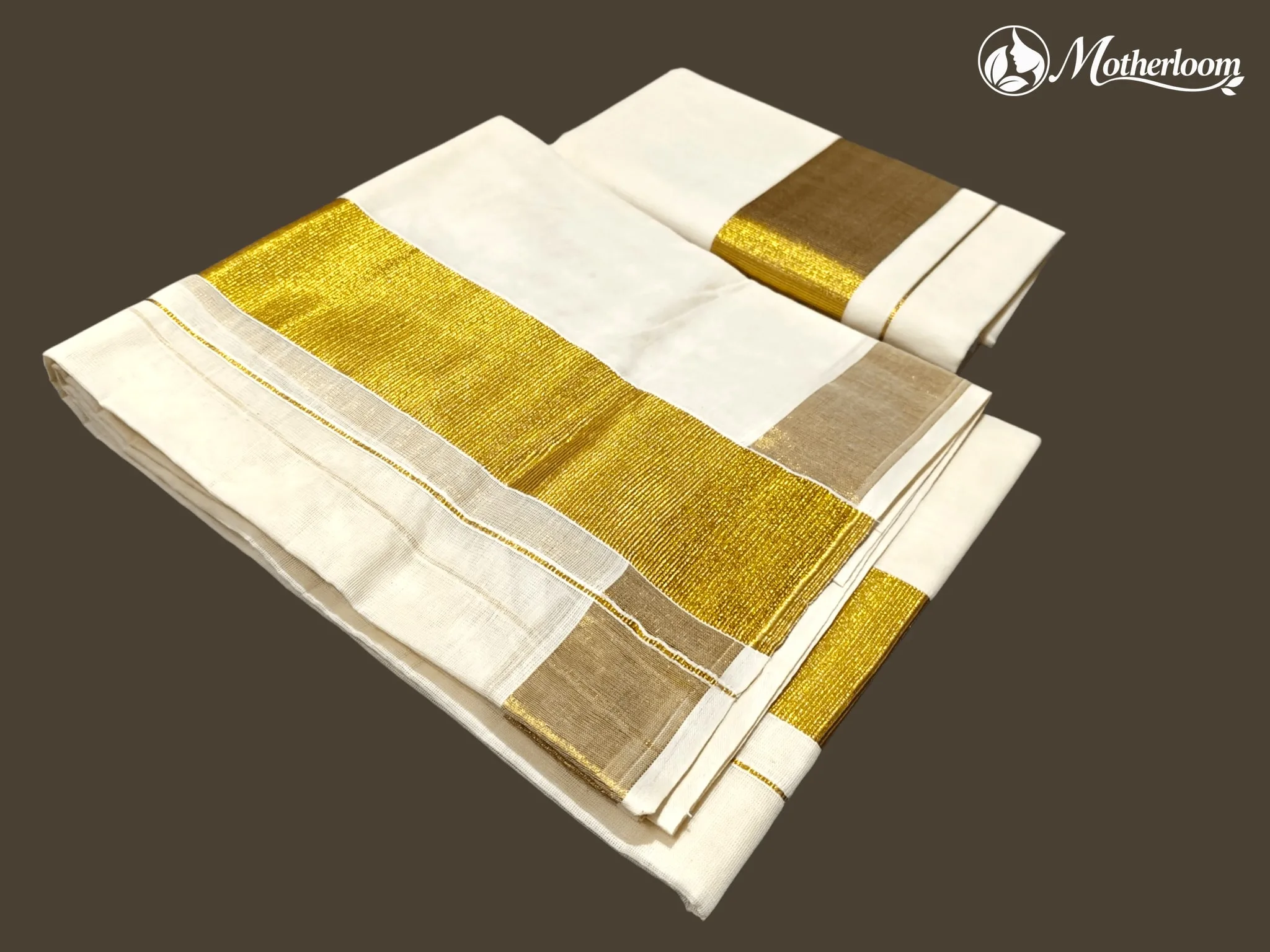 Motherloom Kerala Cotton 3-inch Gold Kasavu Set Mundu