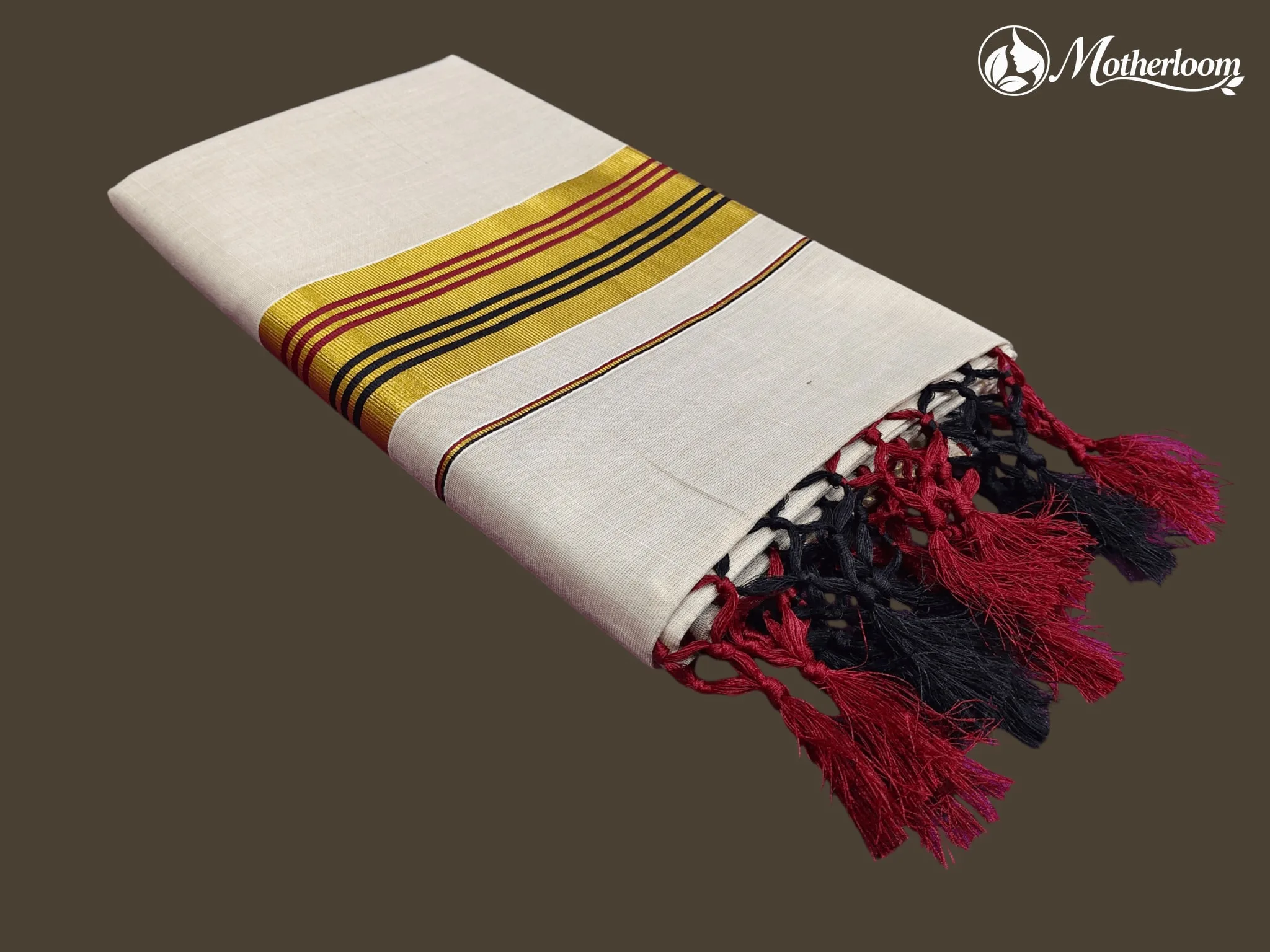 Motherloom  Kerala Tissue pists Red & Black Fancy Saree With Colour Border