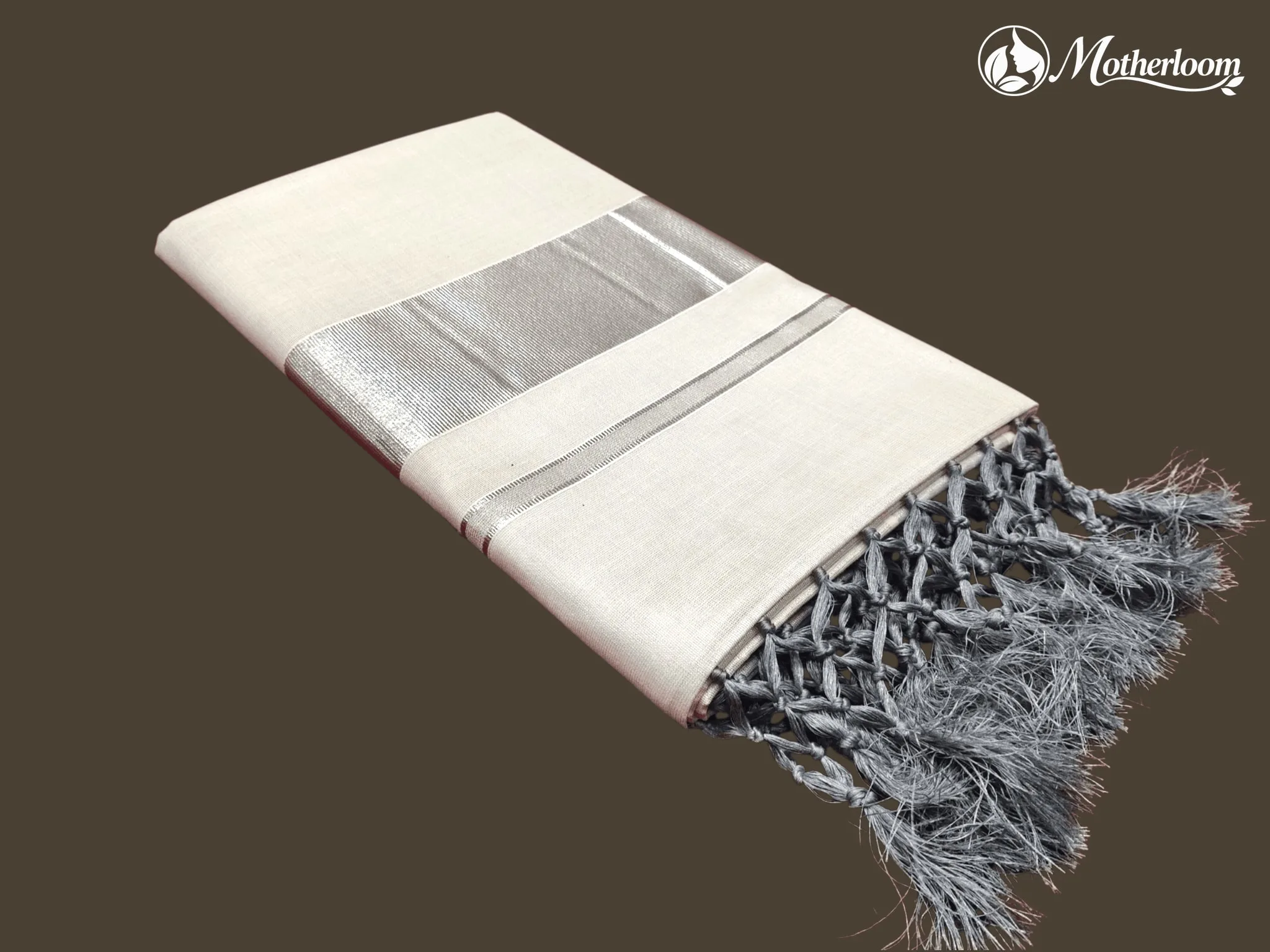 Motherloom Kerala Tissue Plain Silver Saree With Tassels & Running Blouse