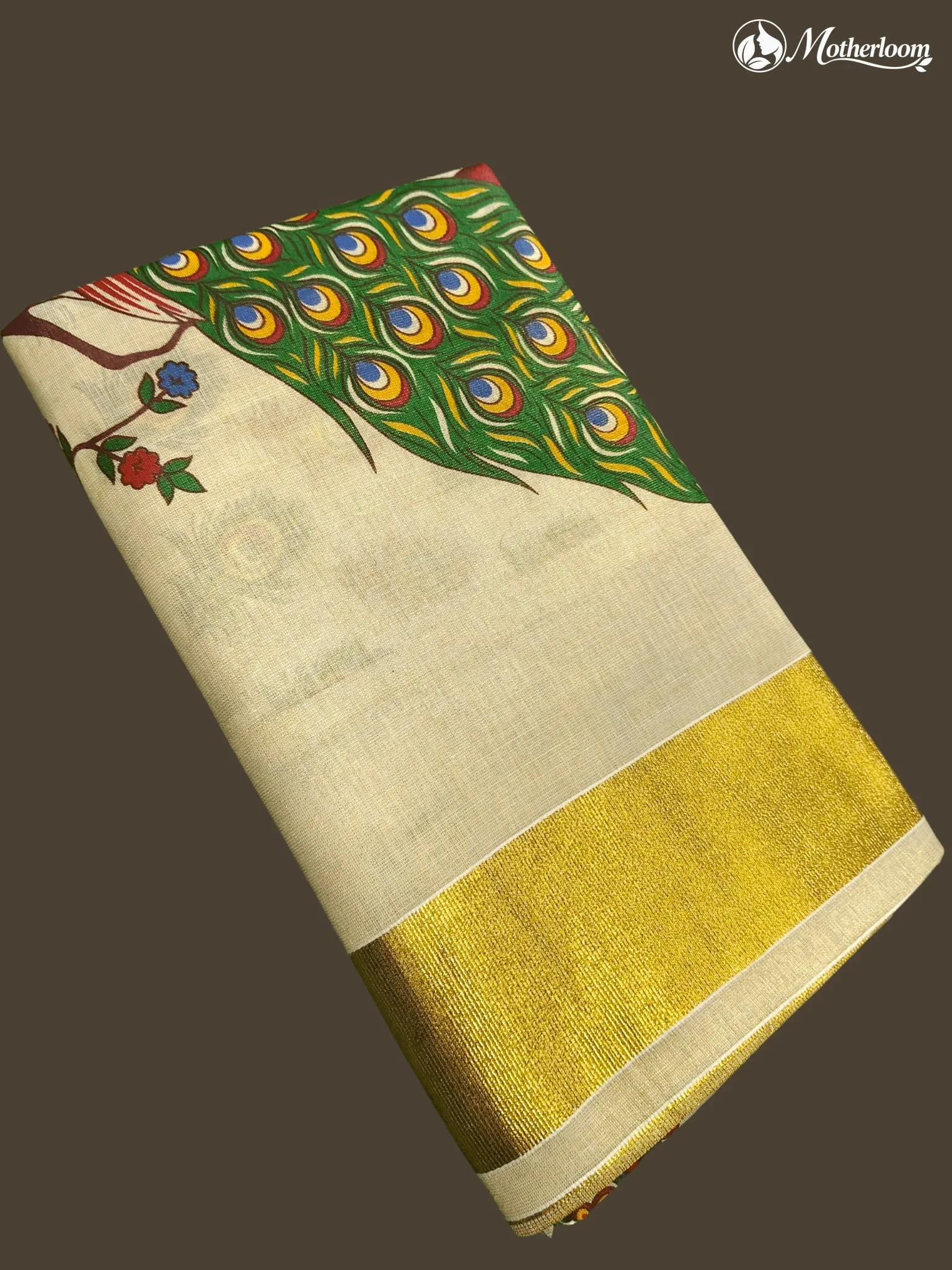 Motherloom  Kerala Tissue Peacock Mural Print Saree with Running Blouse