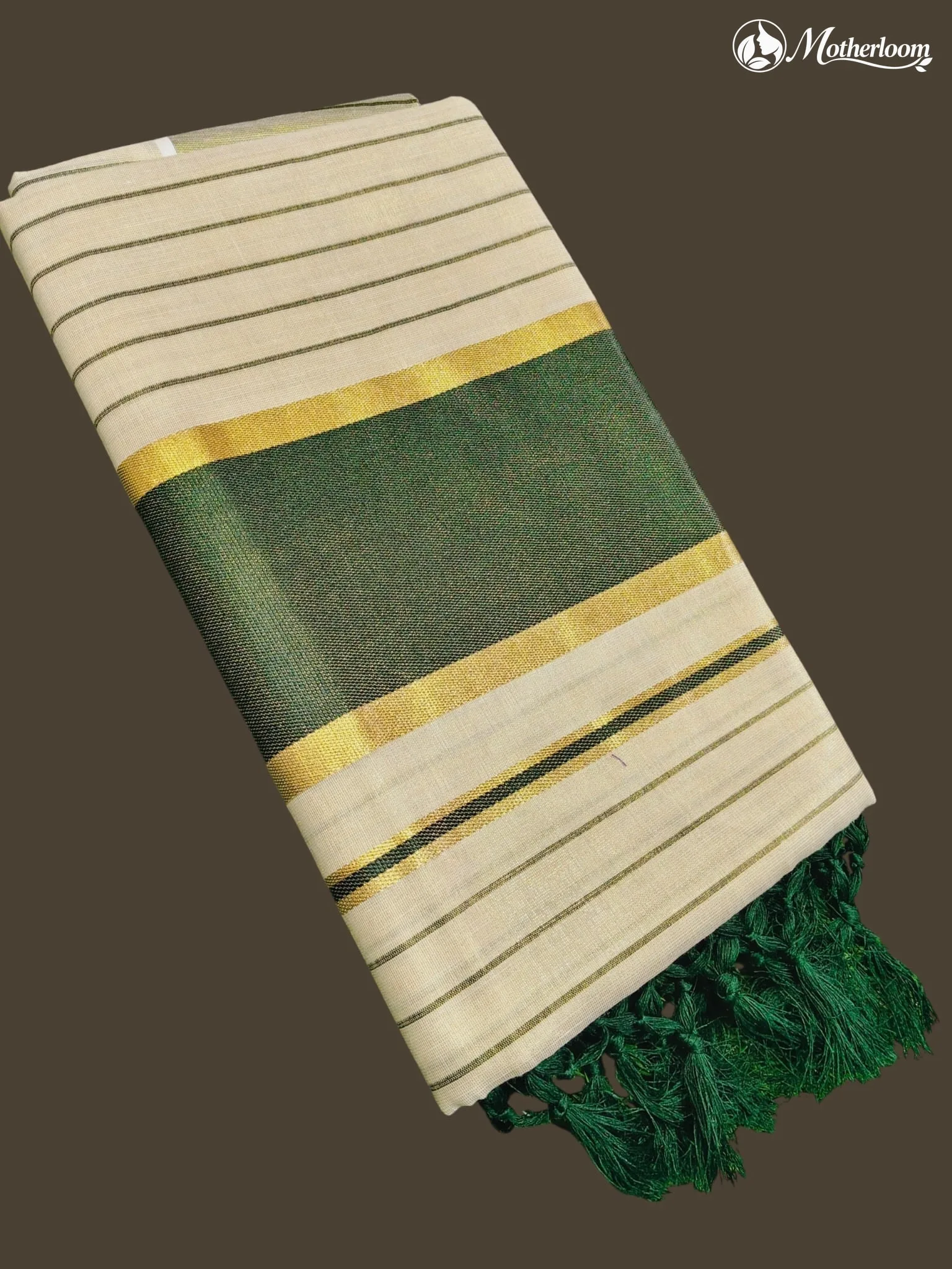 Motherloom  Kerala Tissue Fancy Stripes Dark Green Saree, Running Blouse With Tassels