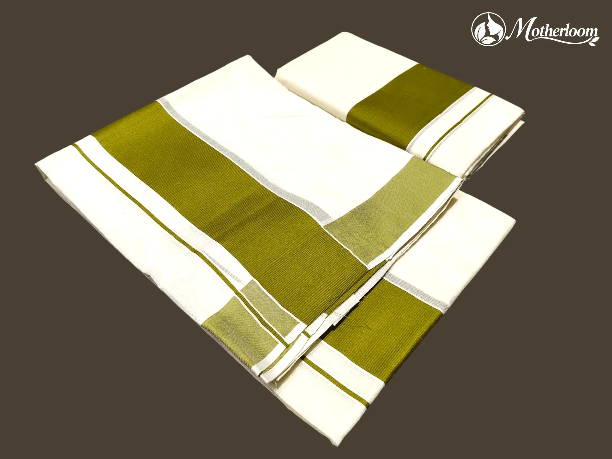 Motherloom Kerala Cotton Plain Olive Green Set Mundu