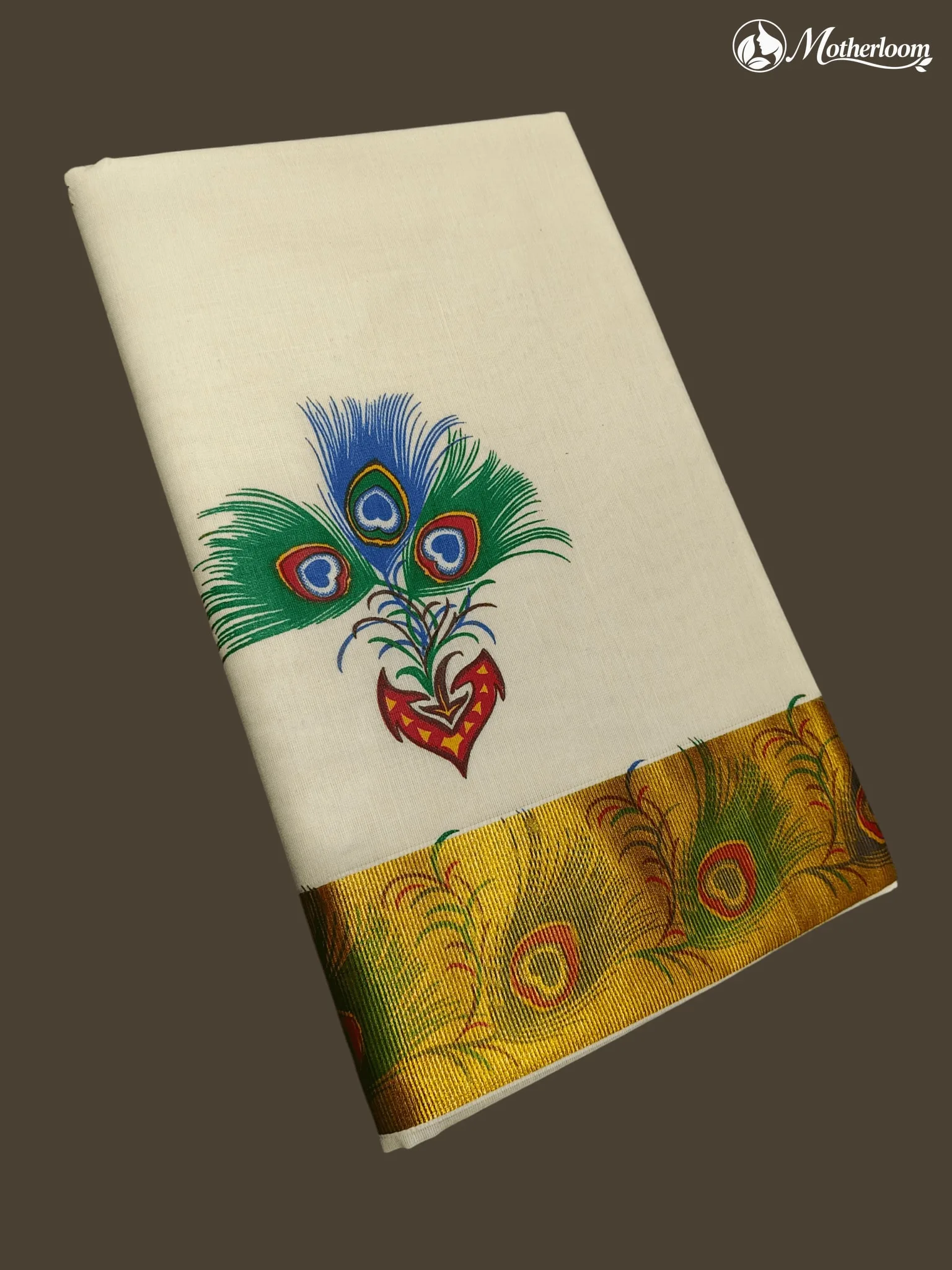Motherloom Kerala Cotton Peakcock Feathers Mural Print Saree With Running Blouse