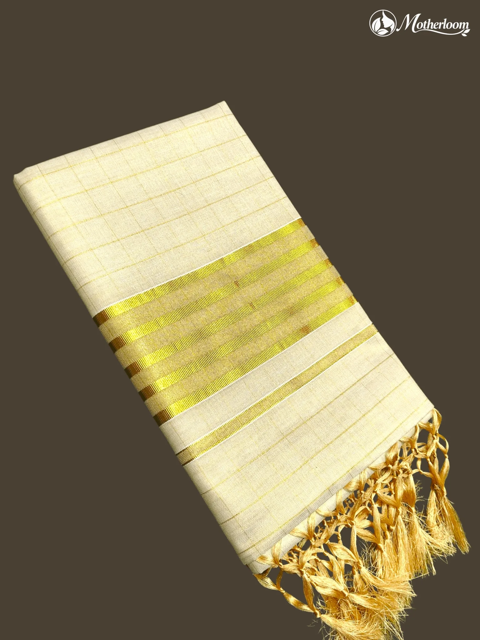 Motherloom Kerala Tissue Gold 1-inch Checked Saree With Tassels & Running Blouse