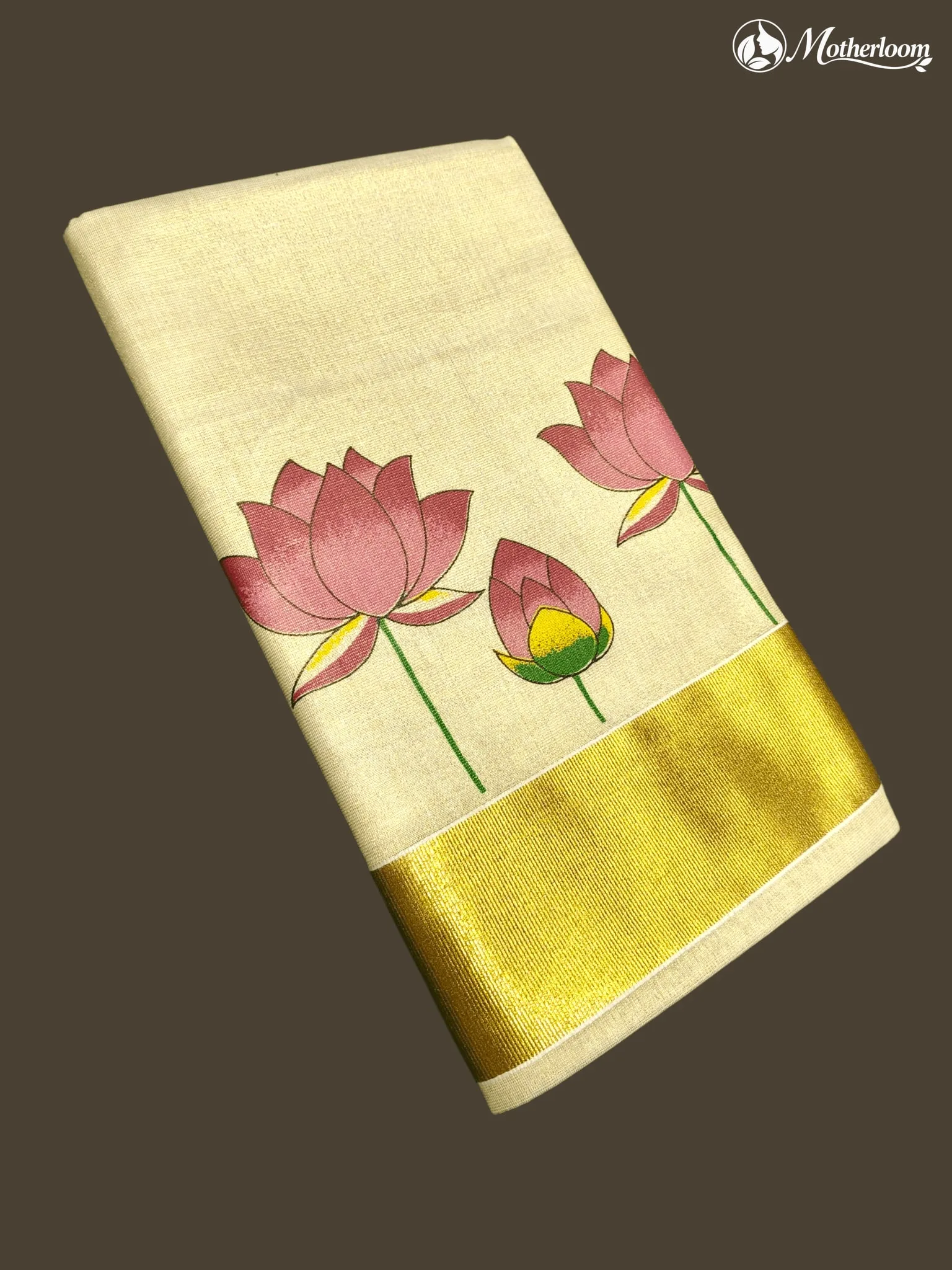 Motherloom Kerala Tissue Lotus Mural Print Saree with Running Blouse