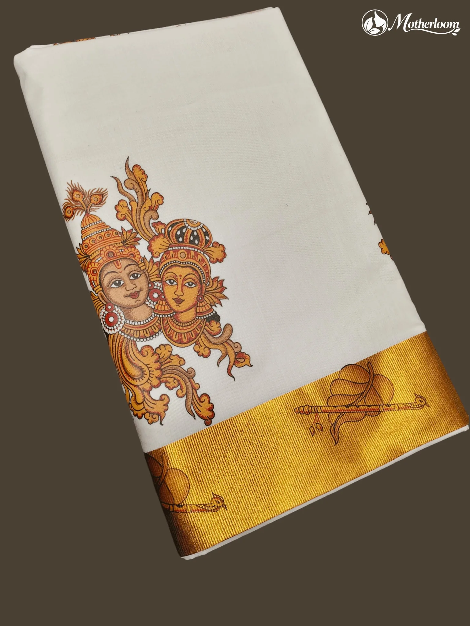 Motherloom Kerala Cotton Radha Krishna Mural Print Saree With Running Blouse