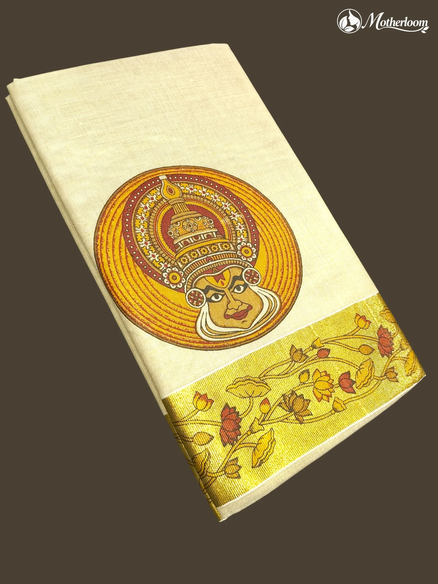 Motherloom Kerala Tissue Kathakali Face Mural Print Saree