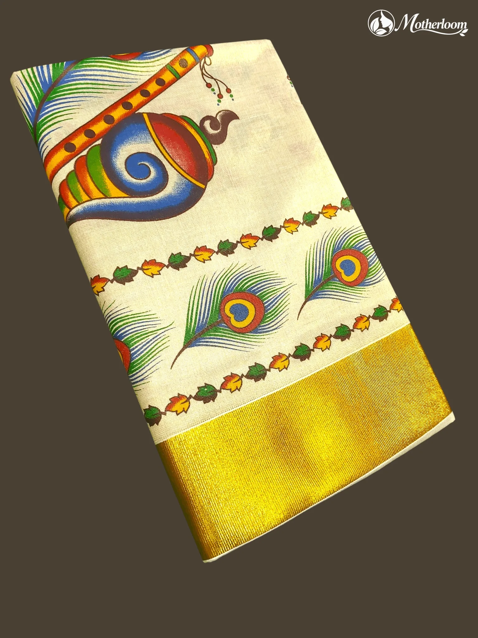 Motherloom Kerala Tissue Cronch Shell & Peacock Feather Mural Print Saree