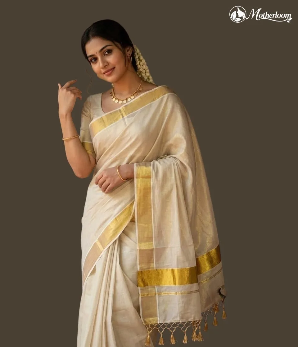 Motherloom Kerala Tissue Plain Gold Saree With Tassels & Running Blouse