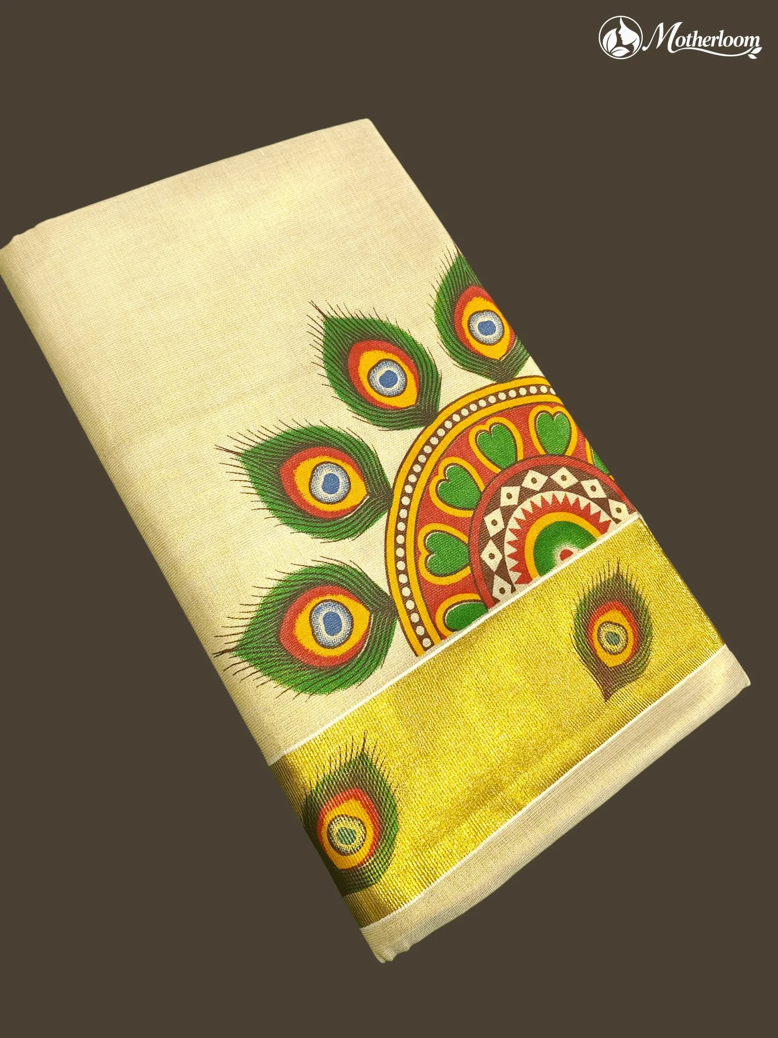 Motherloom Kerala Tissue Peacock Feather Mandala Mural Print Saree