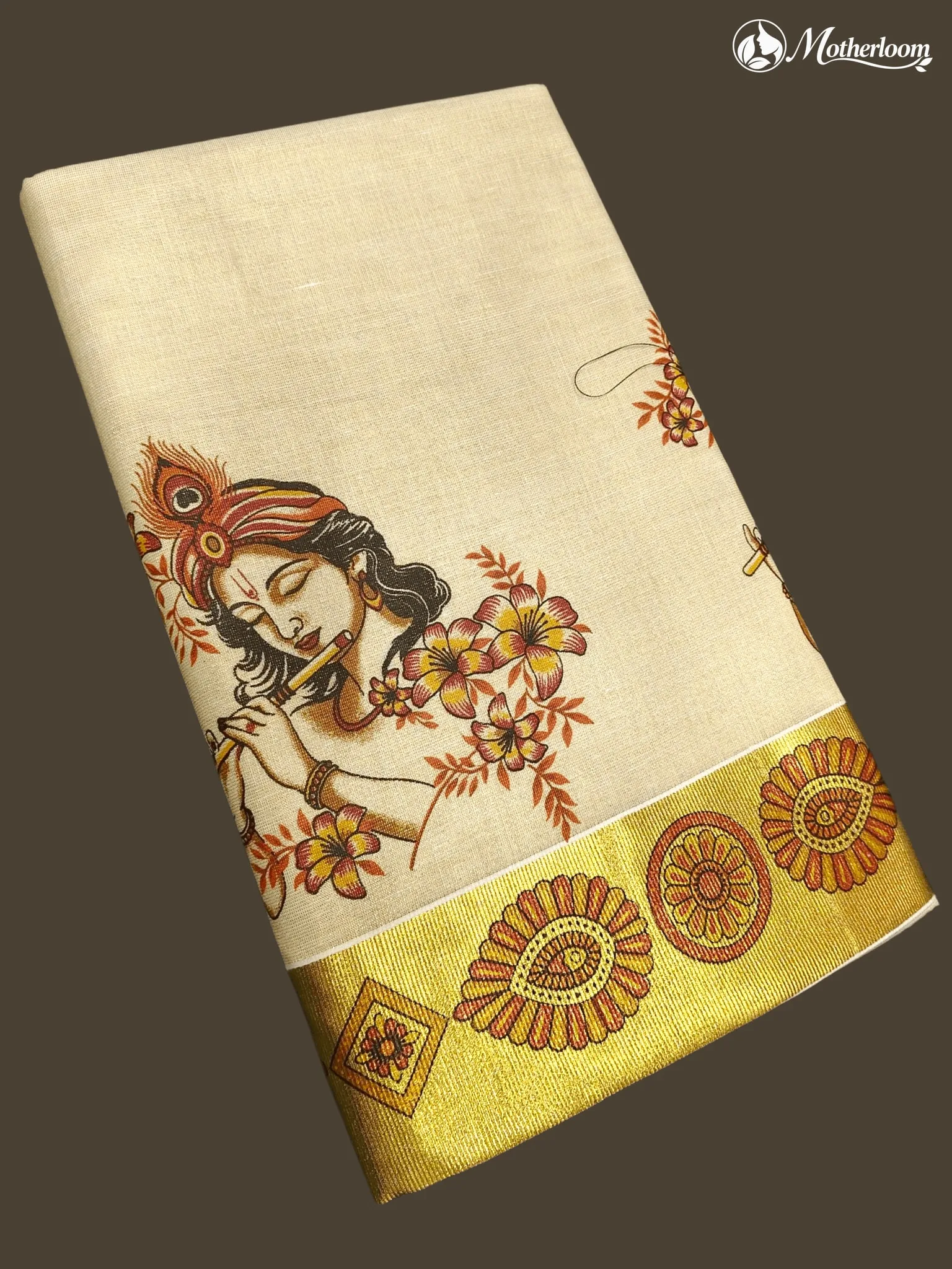 Motherloom Kerala Tissue Lord Krishna Mural Print Saree with Running Blouse