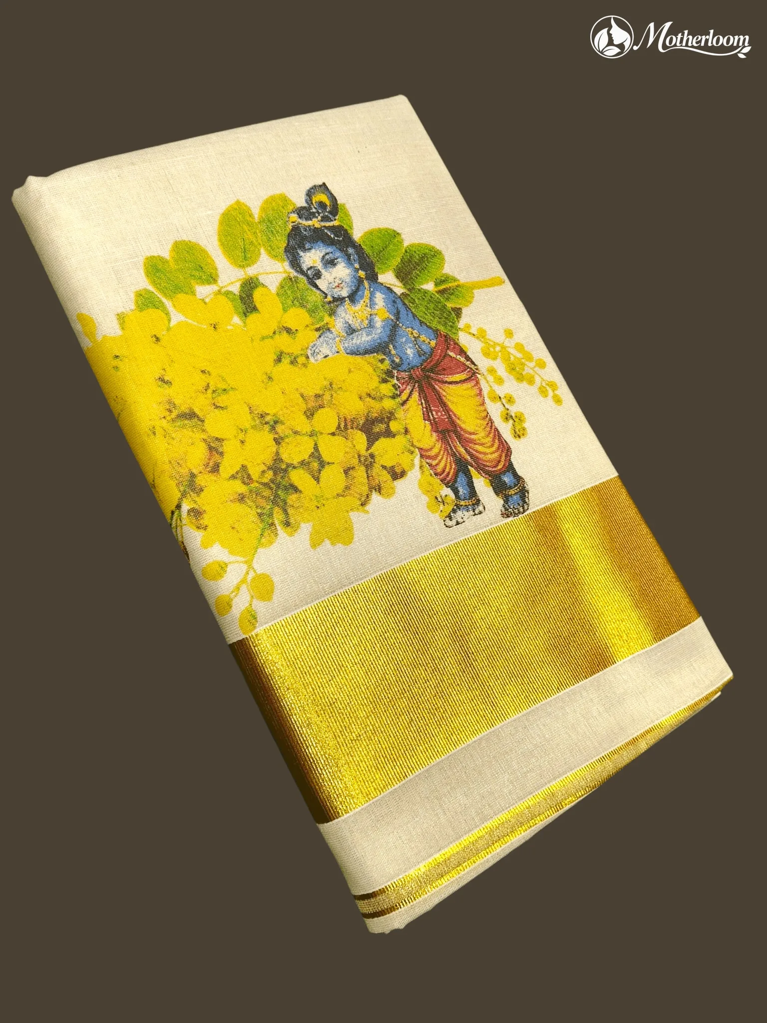 Motherloom Kerala Tissue Kani Konna Flower with Krishna Mural Print Saree with Running Blouse