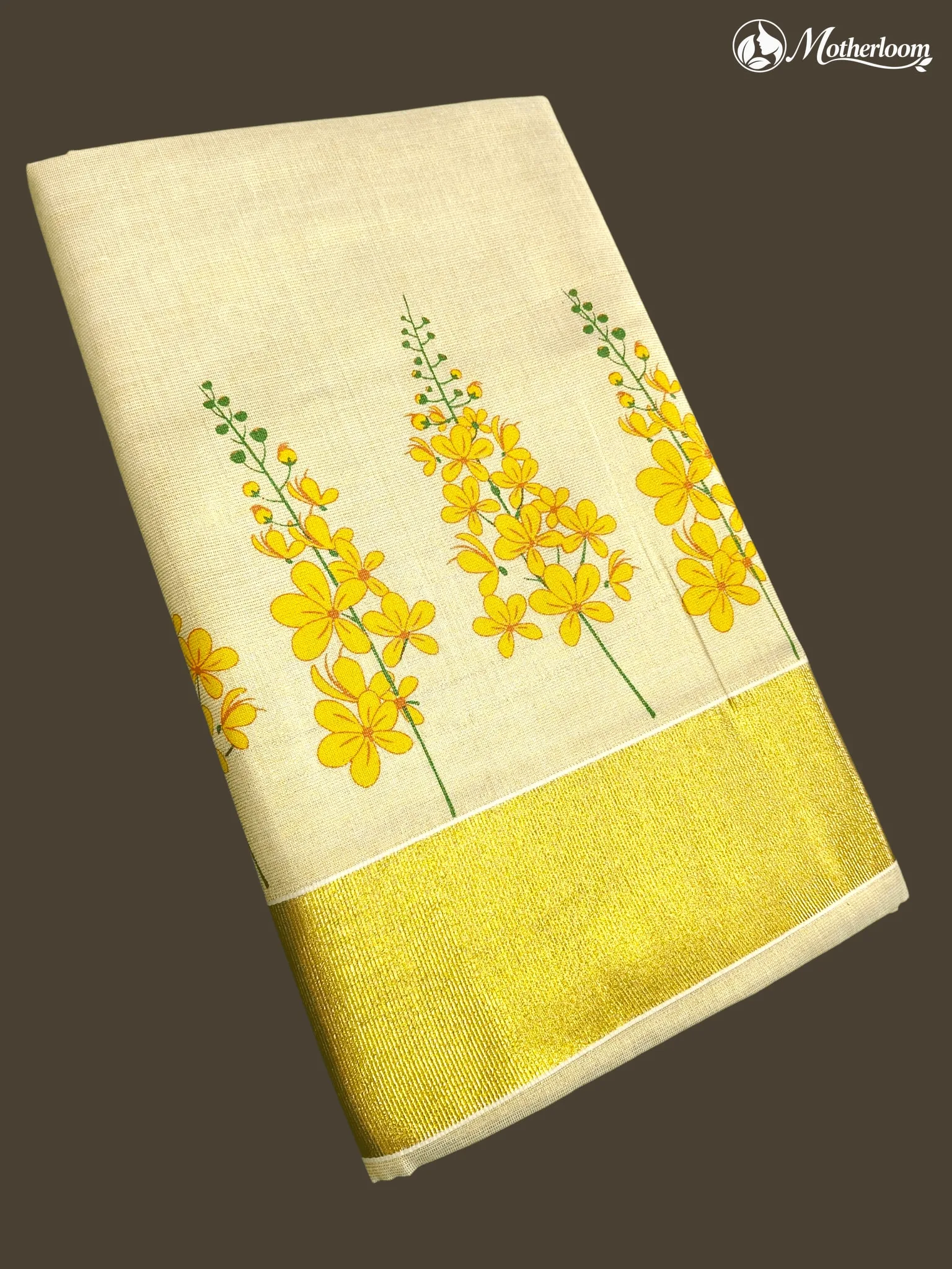 Motherloom Kerala Tissue Kani Konna Floral Mural Print Saree