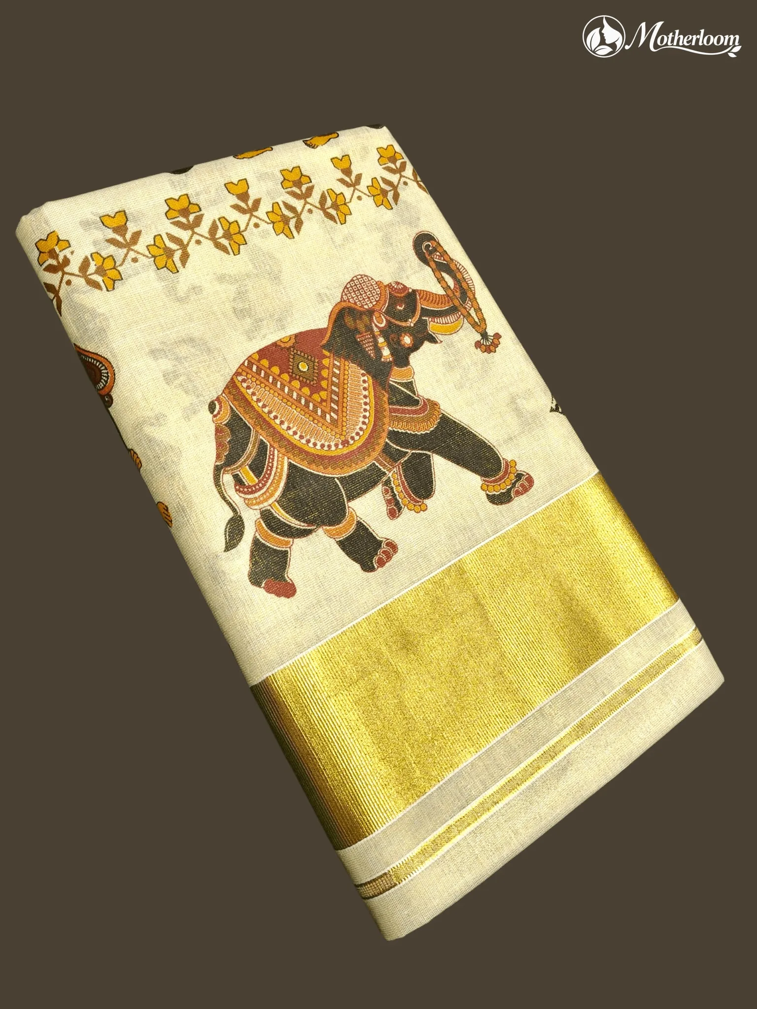 Motherloom Kerala Tissue Procession Mural Print Saree With Running Blouse