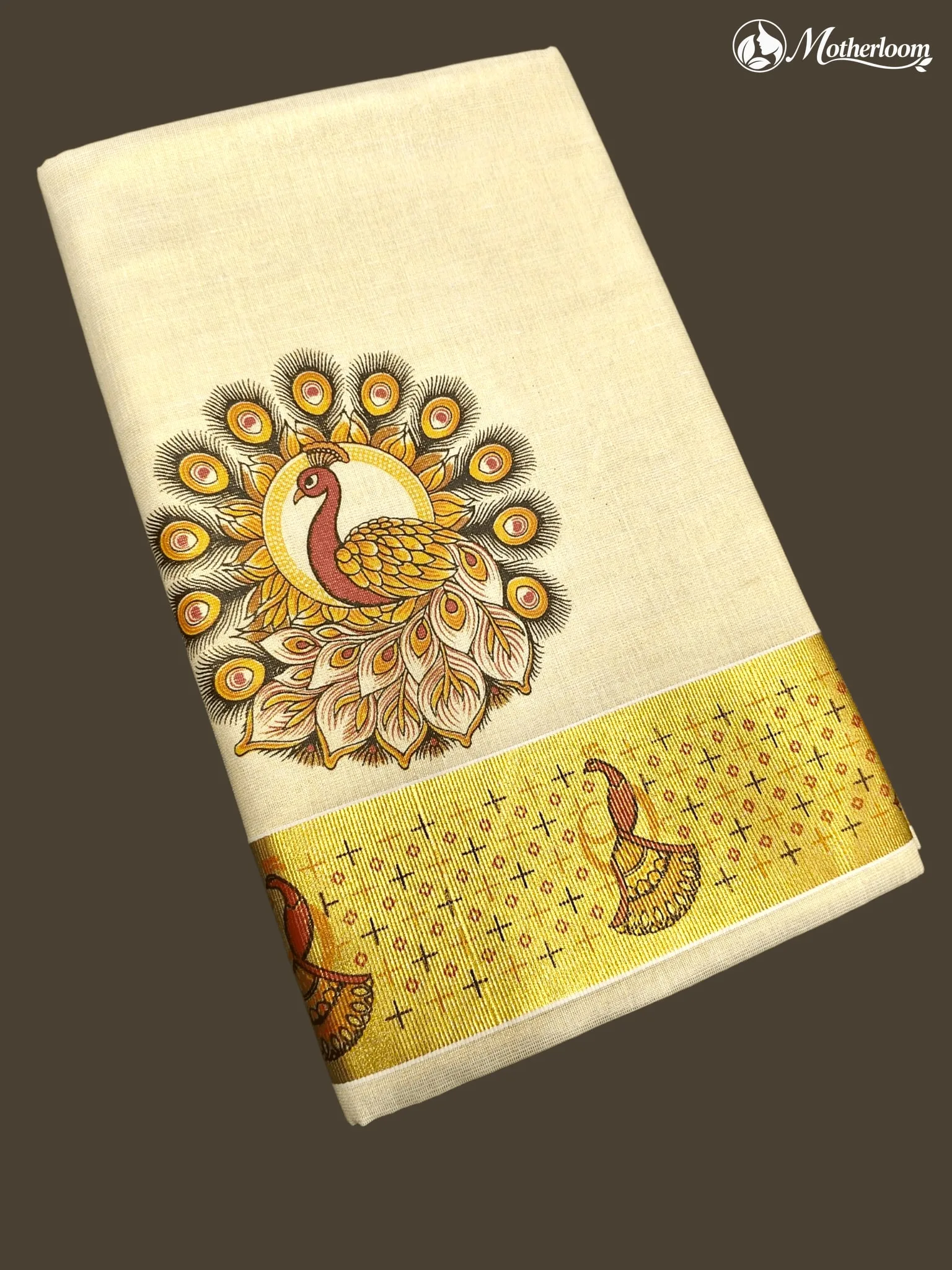Motherloom Kerala Tissue Peacock Motifs Mural Print Saree with running blouse