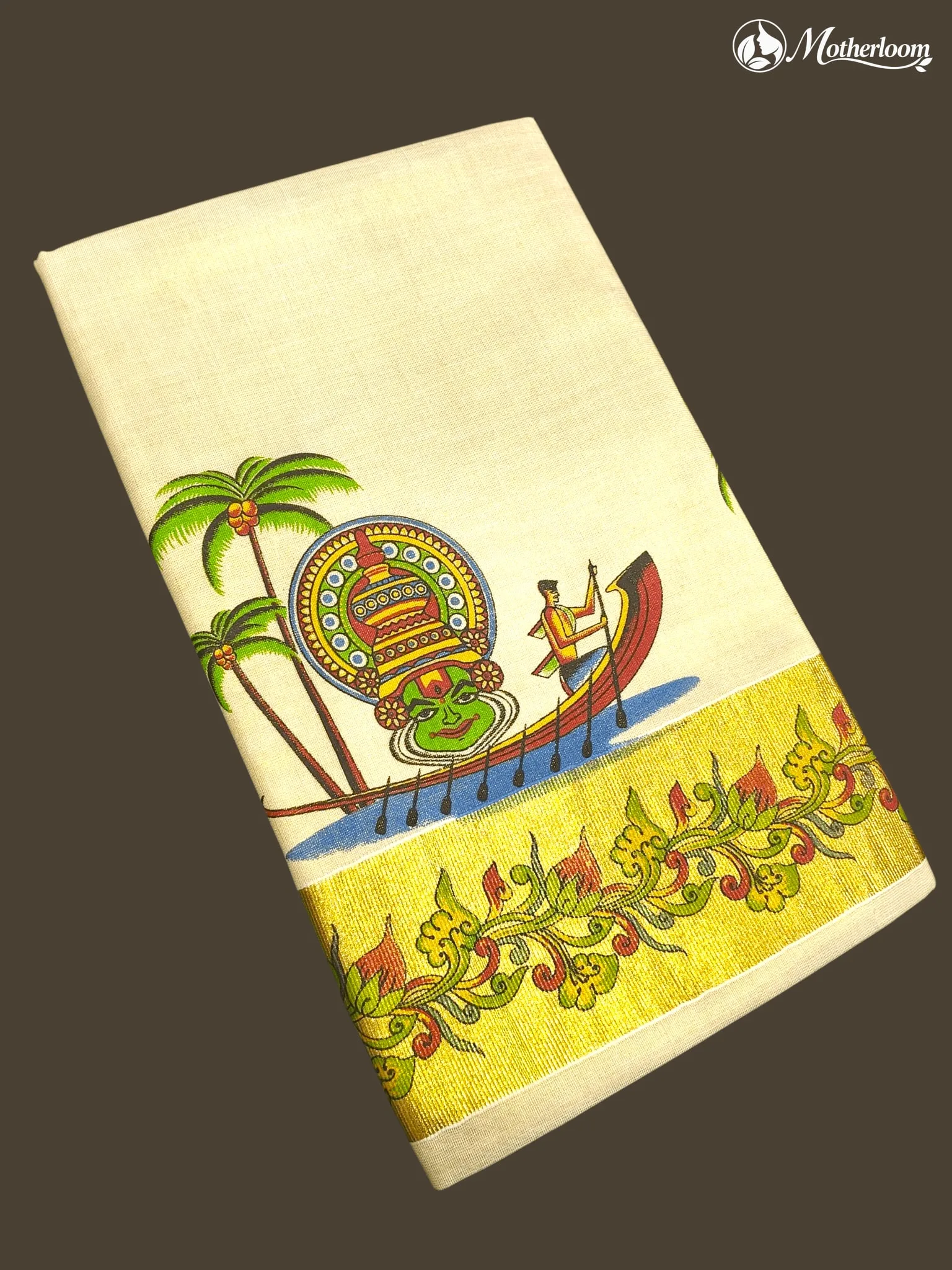 Motherloom Kerala Tissue Nature Motifs with Kathakali Face Mural Print Saree