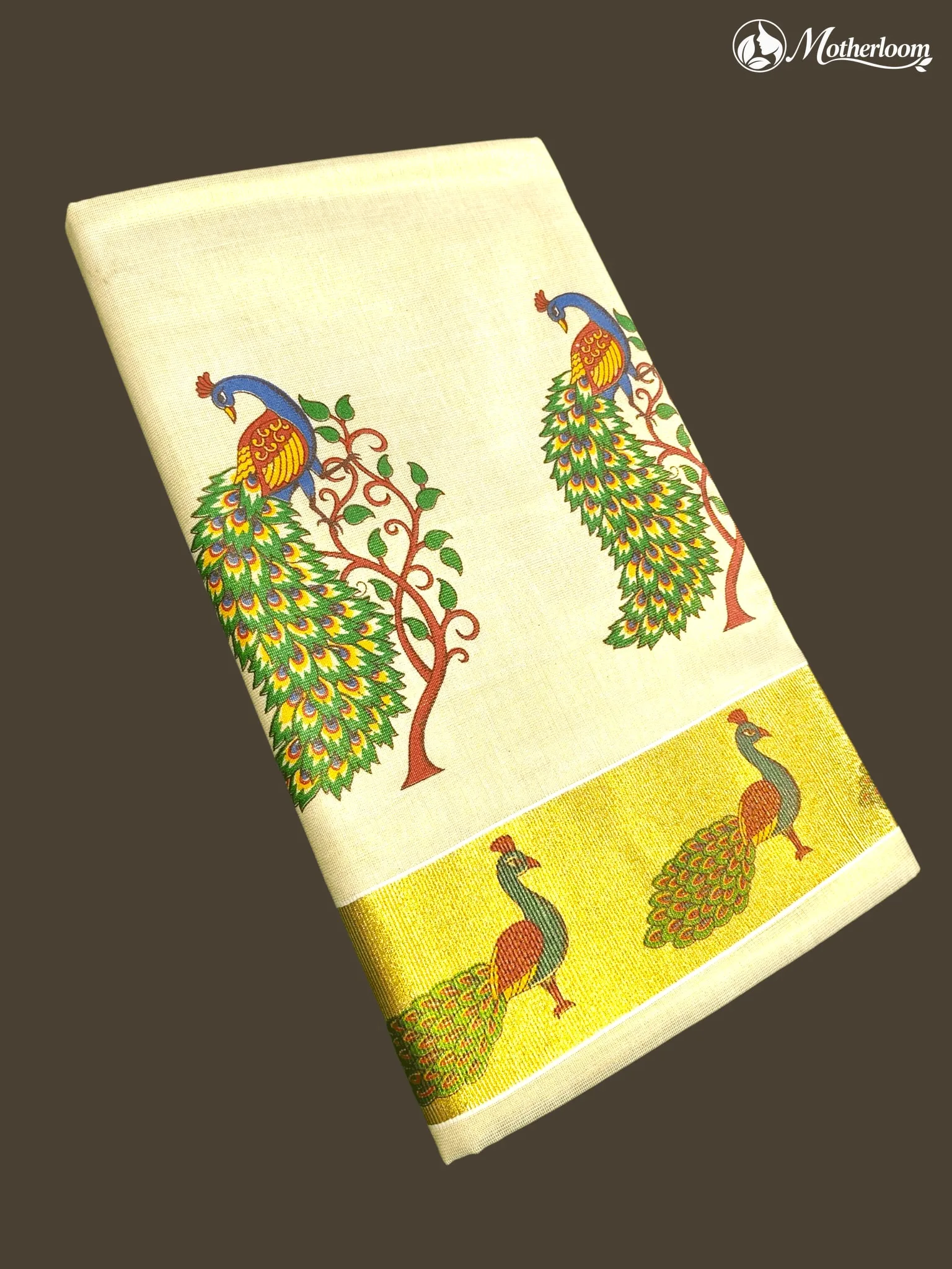Motherloom Kerala Tissue Peacock Mural Print Saree with Running Blouse